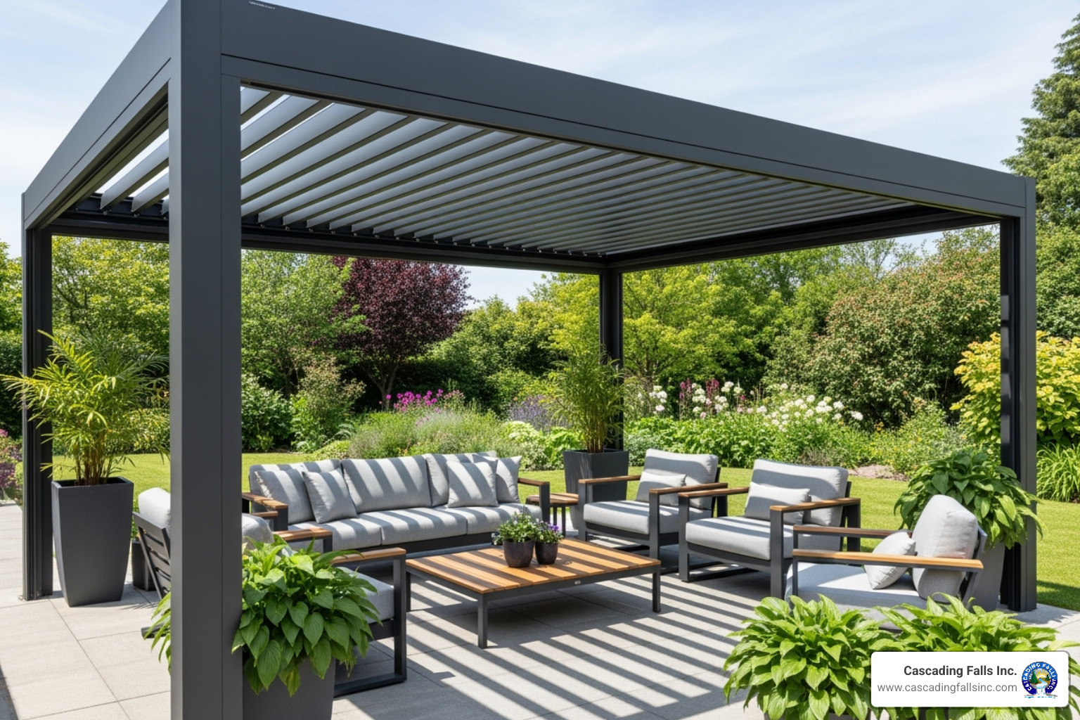Smartphone screen showing a pergola control app, with the pergola in the background - adjustable louver pergola