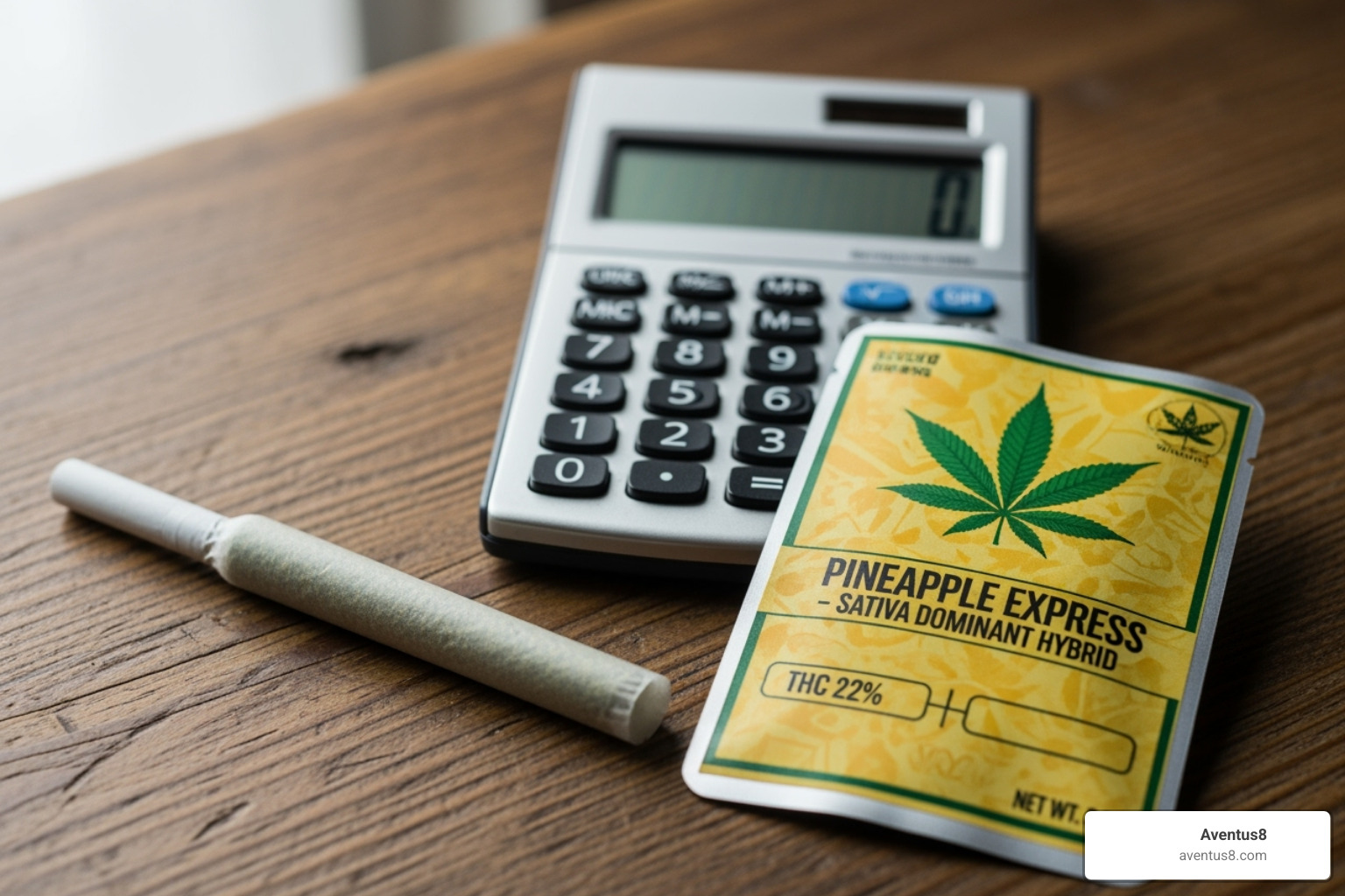pre-roll next to calculator and cannabis label - how many mg of thc are in a pre roll