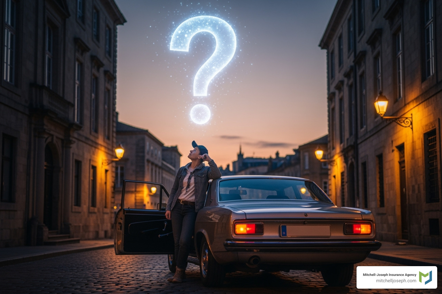 a person asking a question mark stands next to a car - cheap auto insurance