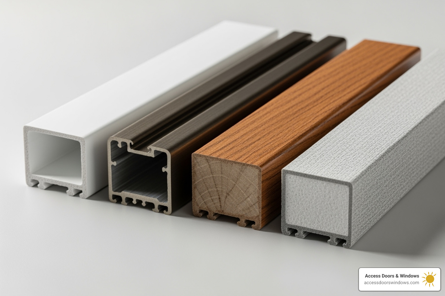 Various window material samples (vinyl, aluminum, wood, fiberglass) - palm beach window replacement cost