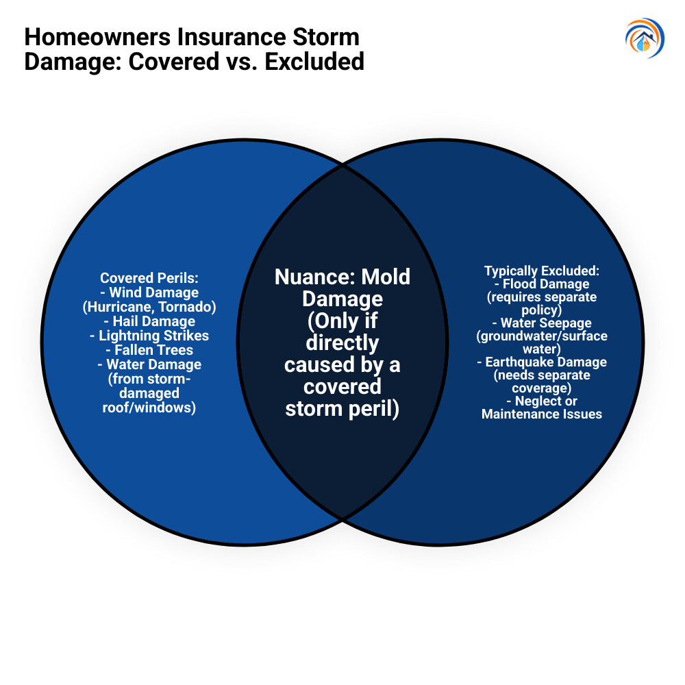 Comprehensive infographic showing homeowners insurance storm damage coverage, including covered perils like wind, hail, lightning, and fallen trees on the left side in green, versus excluded perils like flooding, earthquake, water seepage, and maintenance issues on the right side in red, with visual icons for each type of damage - homeowners insurance storm damage infographic venn_diagram