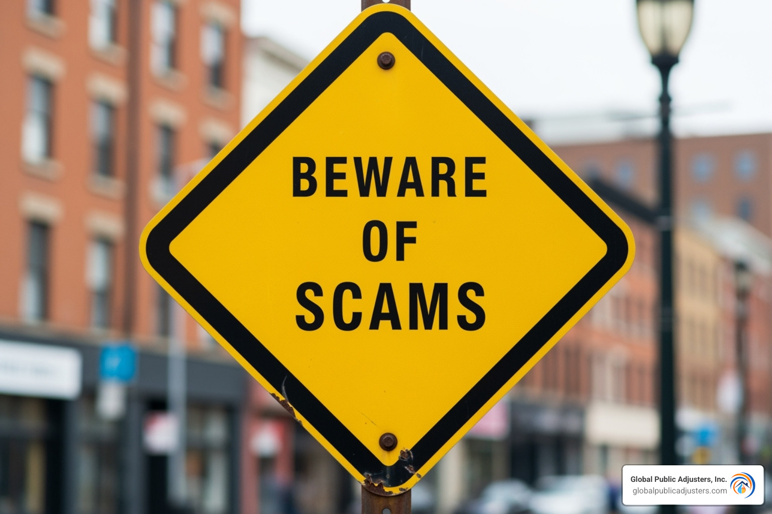 Beware of Scams sign - homeowners insurance storm damage