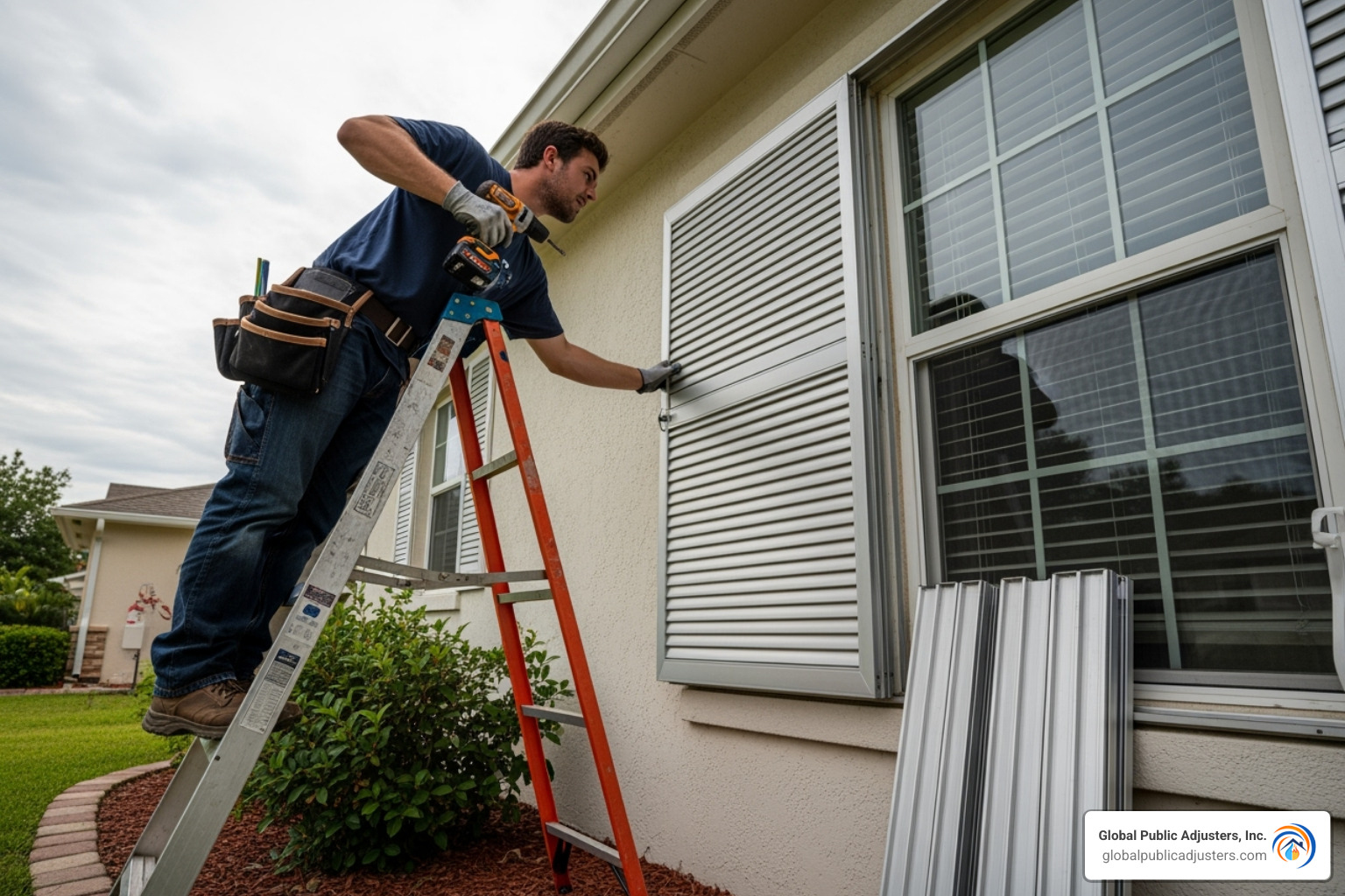 homeowner securing hurricane shutters - homeowners insurance storm damage