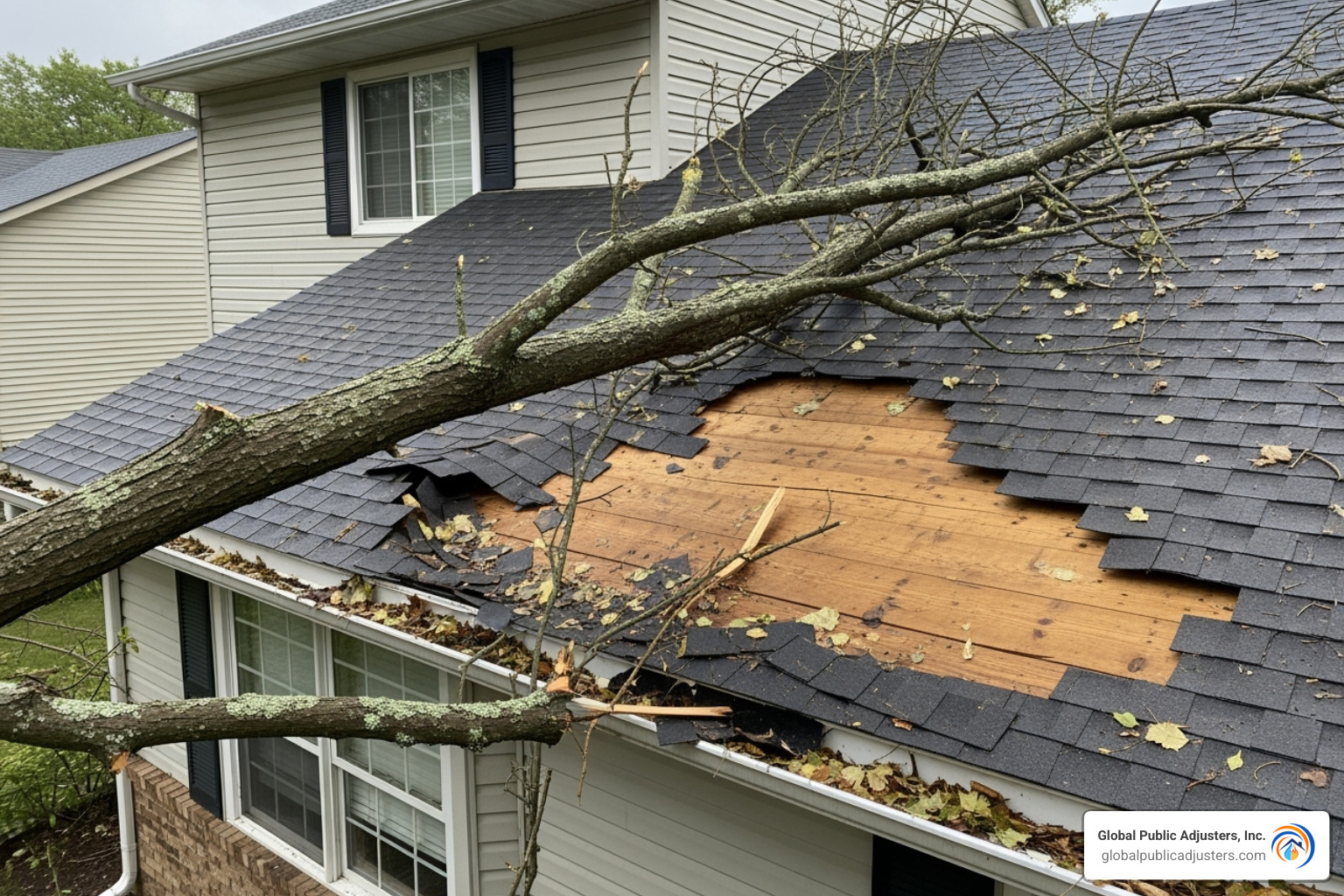 damaged roof with fallen tree branch - homeowners insurance storm damage