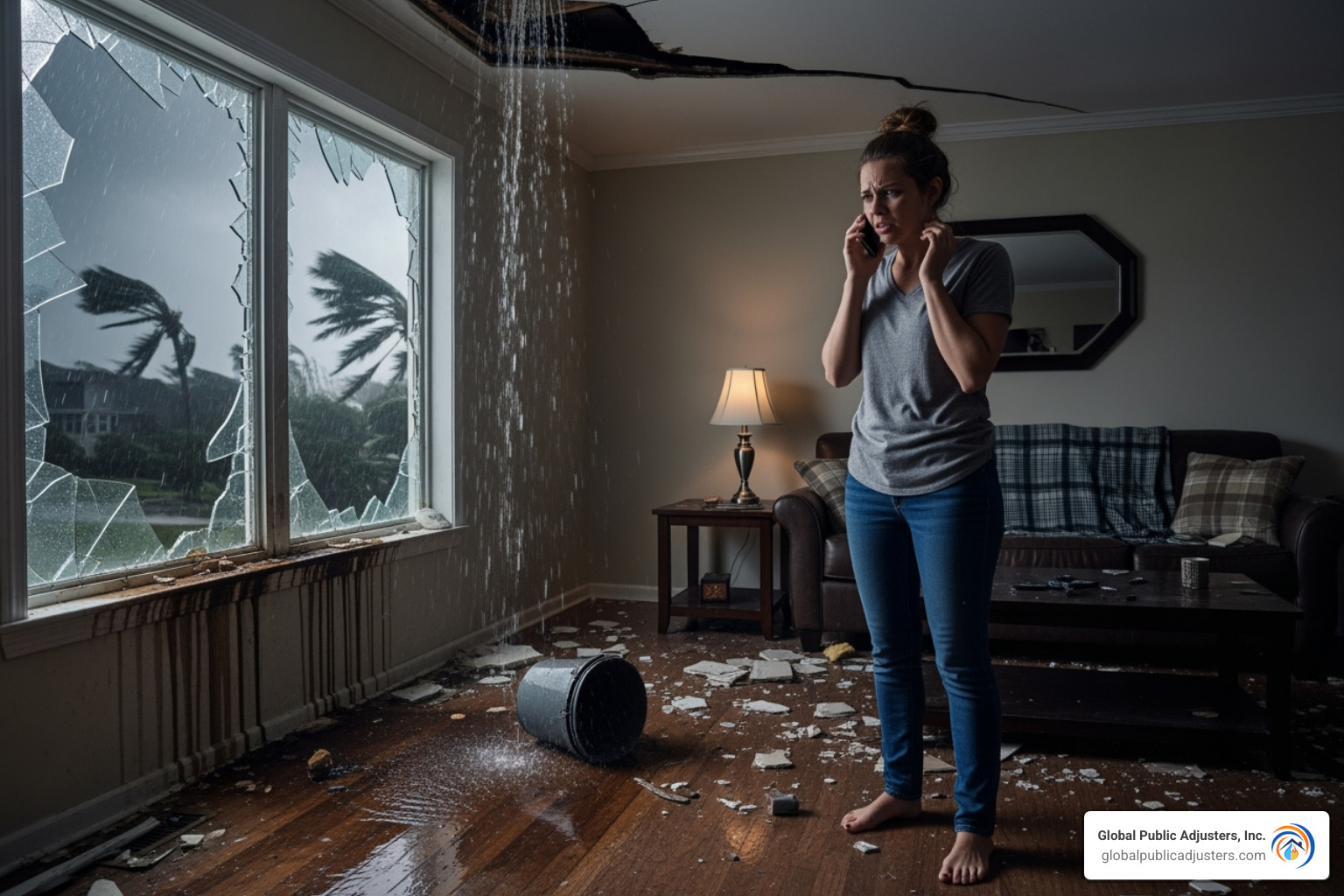 homeowner on phone with damaged interior - homeowners insurance storm damage