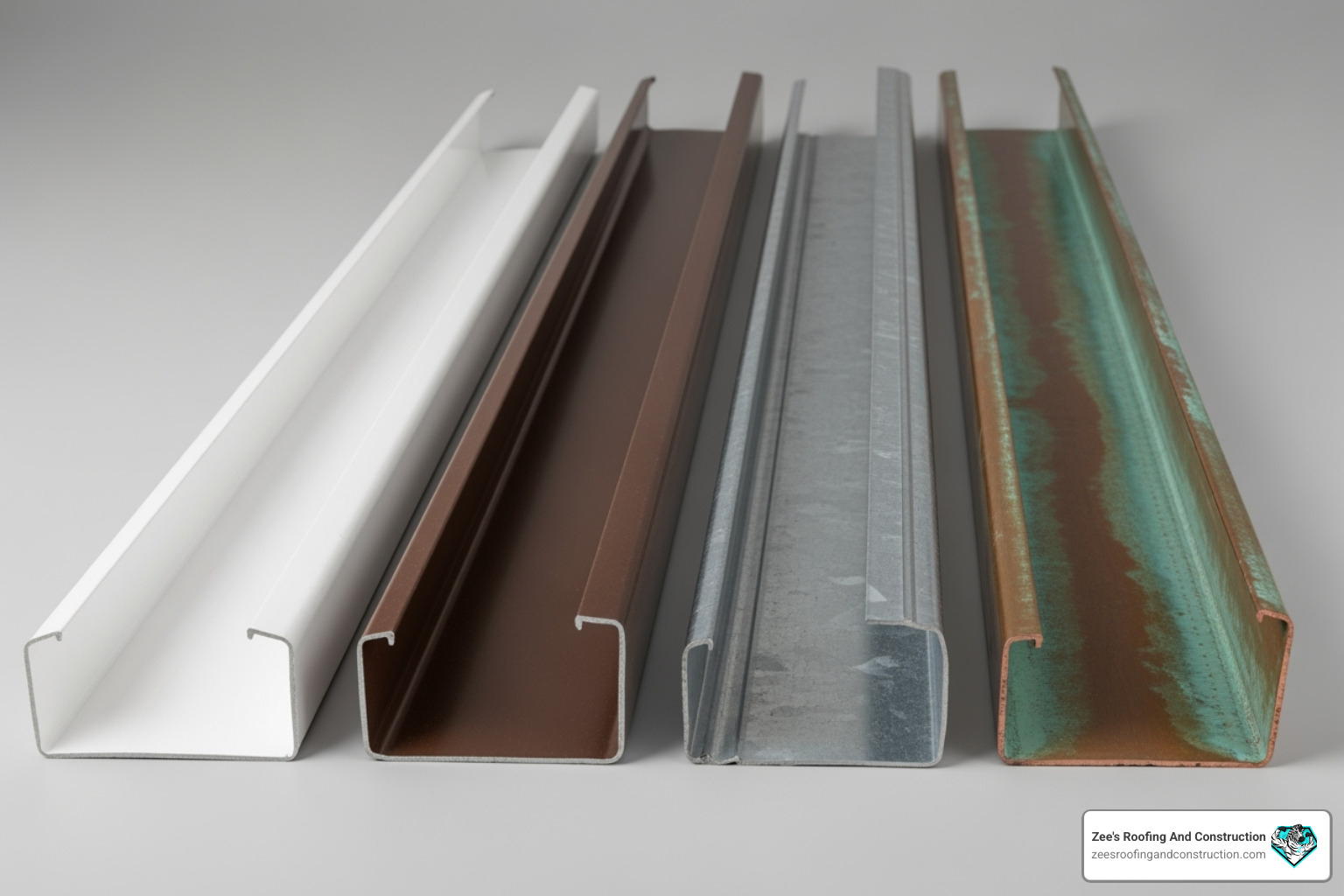Gutter material samples including aluminum, vinyl, steel, and copper - gutter installation