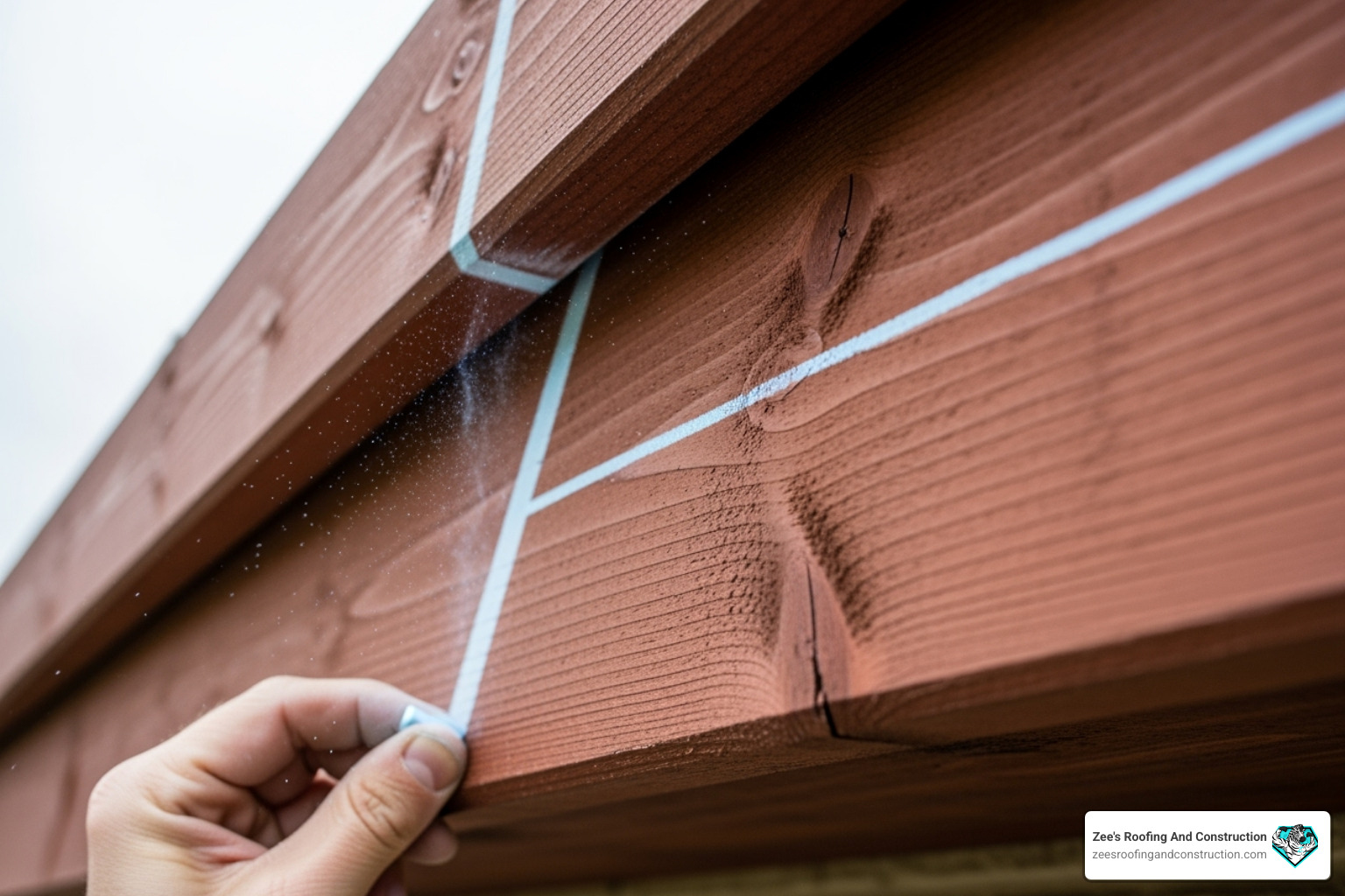 Chalk line snapped on a fascia board to indicate the correct gutter slope - gutter installation