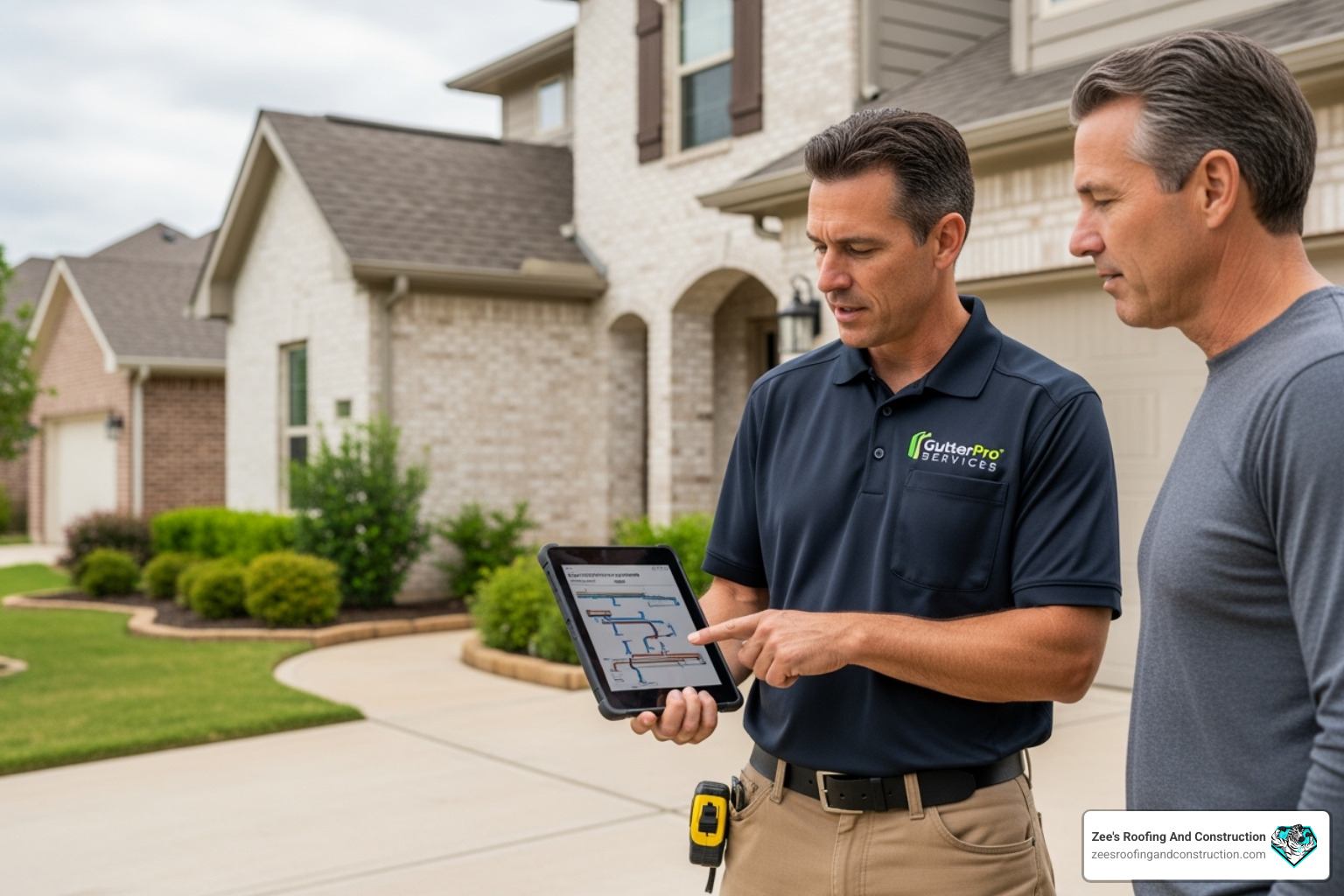Contractor providing a gutter installation quote to a homeowner - gutter installation