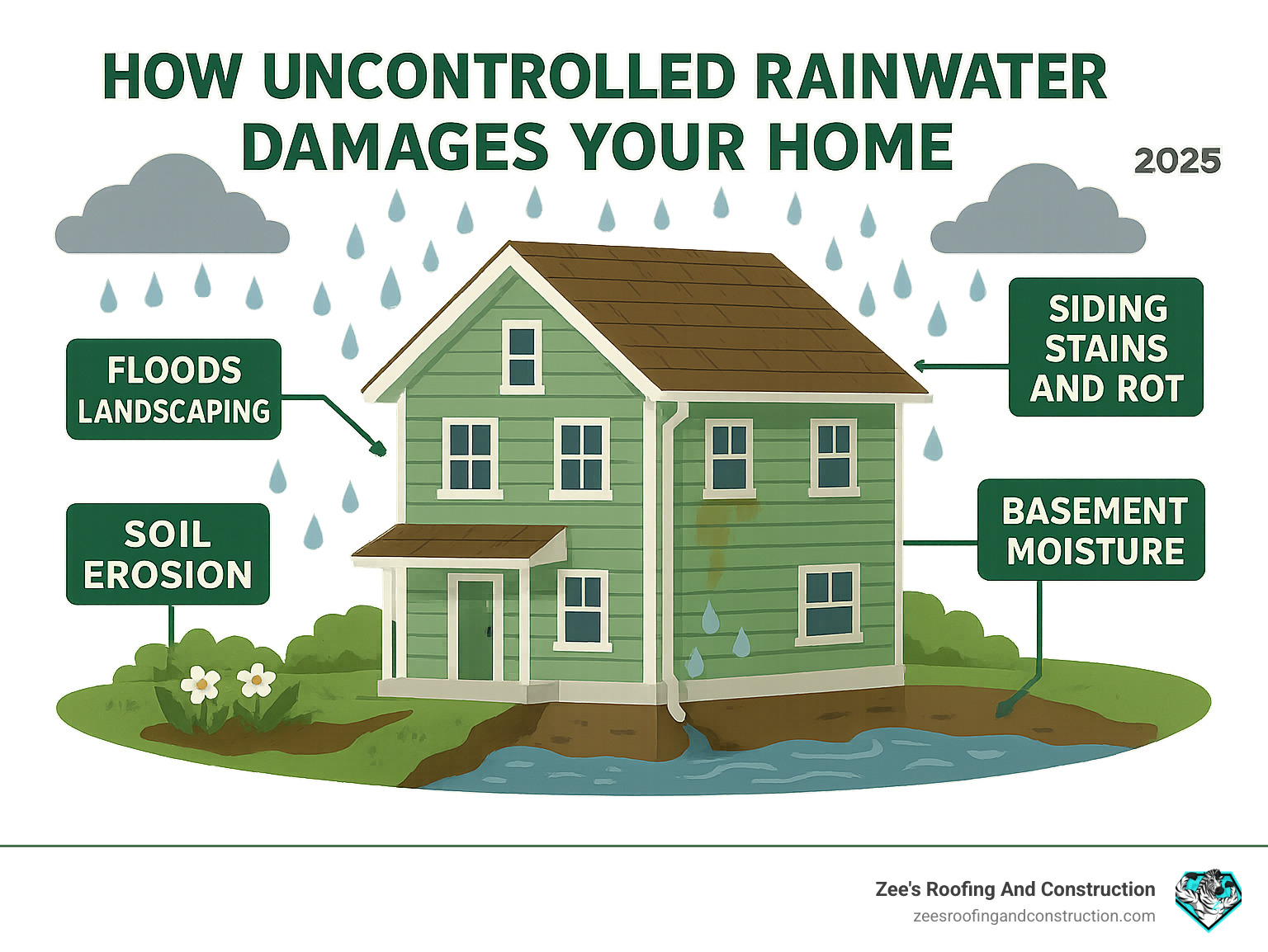 Infographic showing how uncontrolled rainwater damages foundation, causes soil erosion around home perimeter, creates siding stains and rot, floods landscaping, and leads to basement moisture issues - gutter installation infographic 