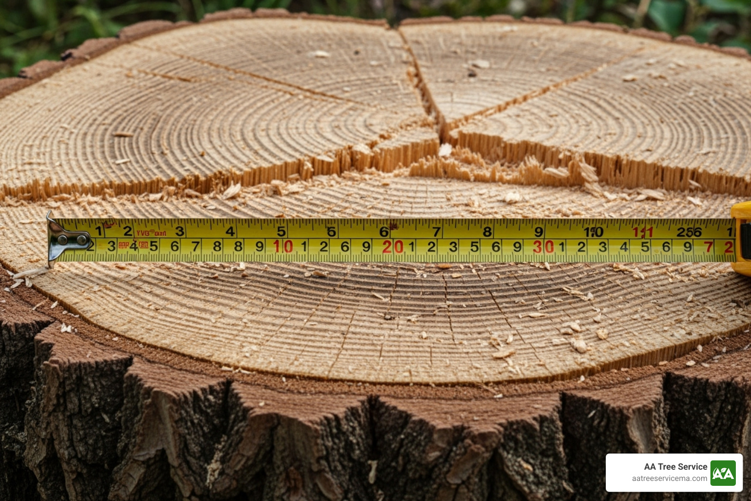 tape measure stretched across a large, cut tree stump - stump removal service near me