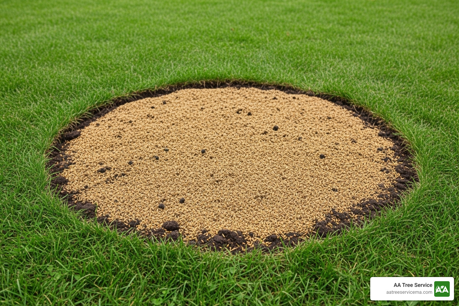 fresh topsoil and grass seed in a perfectly filled hole where a stump was removed - stump removal service near me