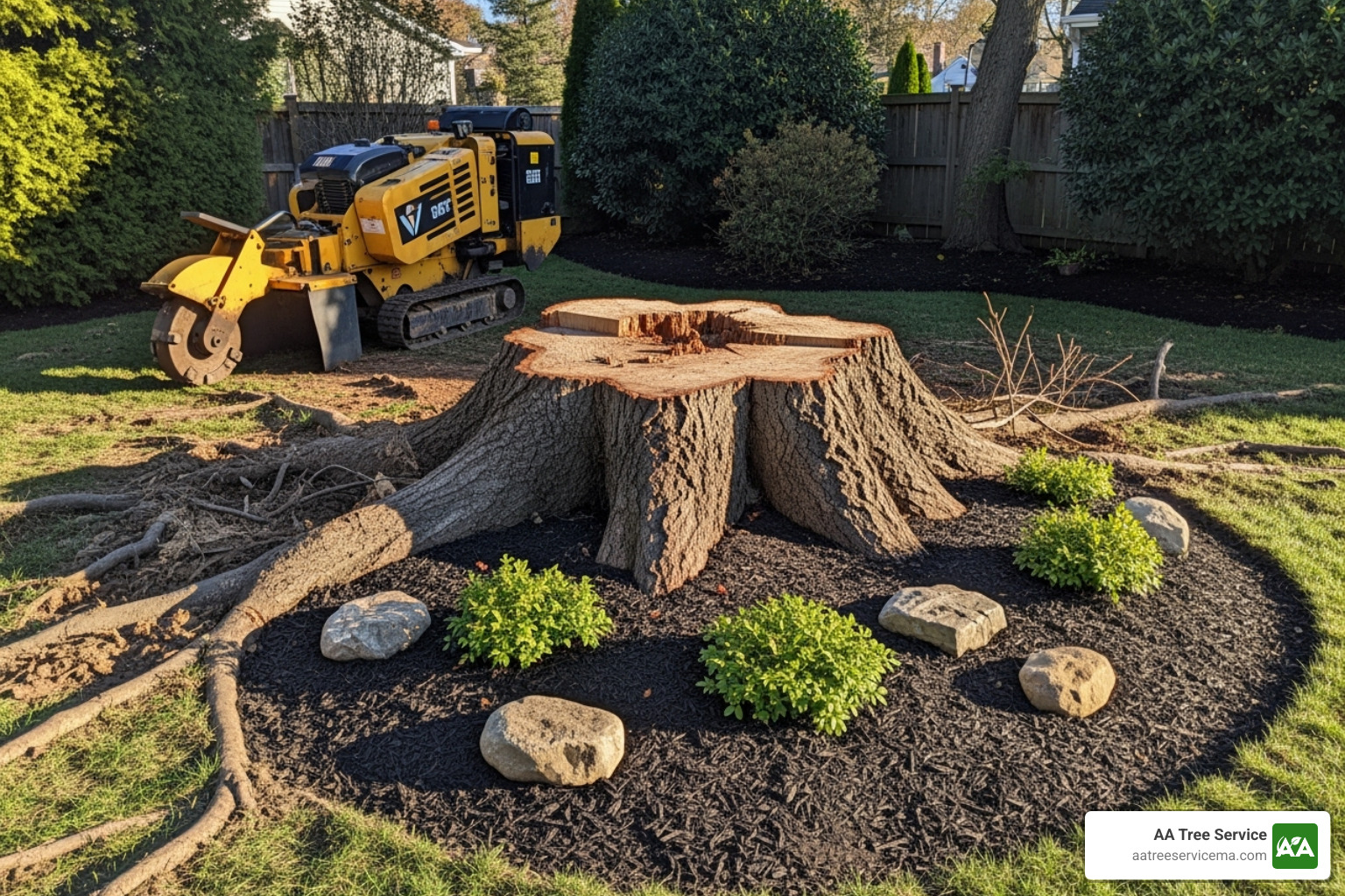 professional arborist in uniform discussing a stump with a homeowner - stump removal service near me