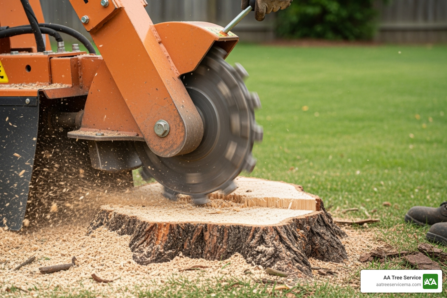 stump grinding machine in action next to a pile of wood chips - stump removal service near me