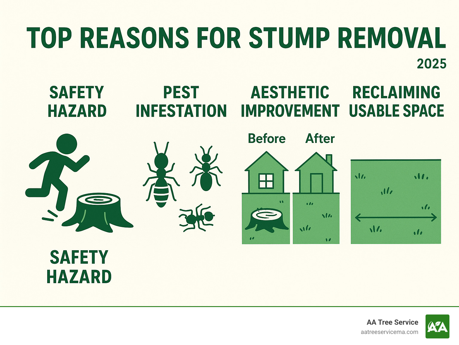 Infographic showing the top 4 reasons for stump removal: Safety Hazard with a child tripping icon, Pest Infestation with termite and ant symbols, Aesthetic Improvement with a before/after yard comparison, and Reclaiming Usable Space with measurement arrows showing recovered lawn area - stump removal service near me infographic 