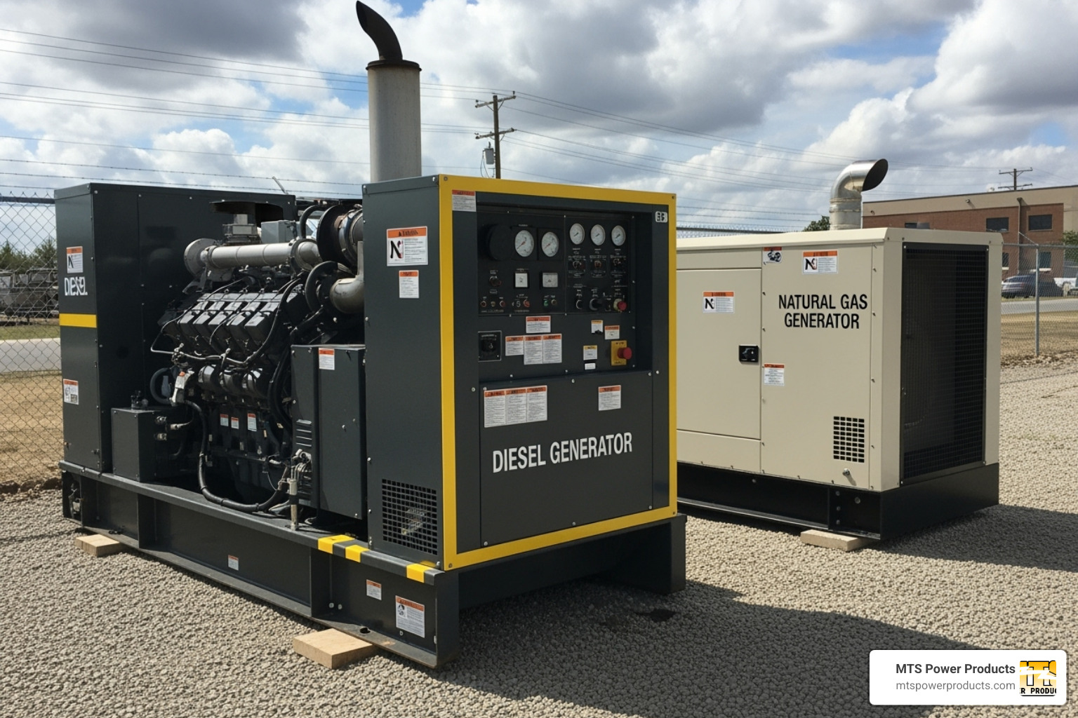 Two types of commercial standby generators, a large diesel unit and a smaller natural gas unit - commercial generator miami