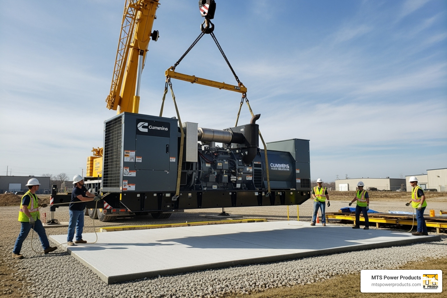 Technicians carefully positioning a commercial generator with a crane - commercial generator miami