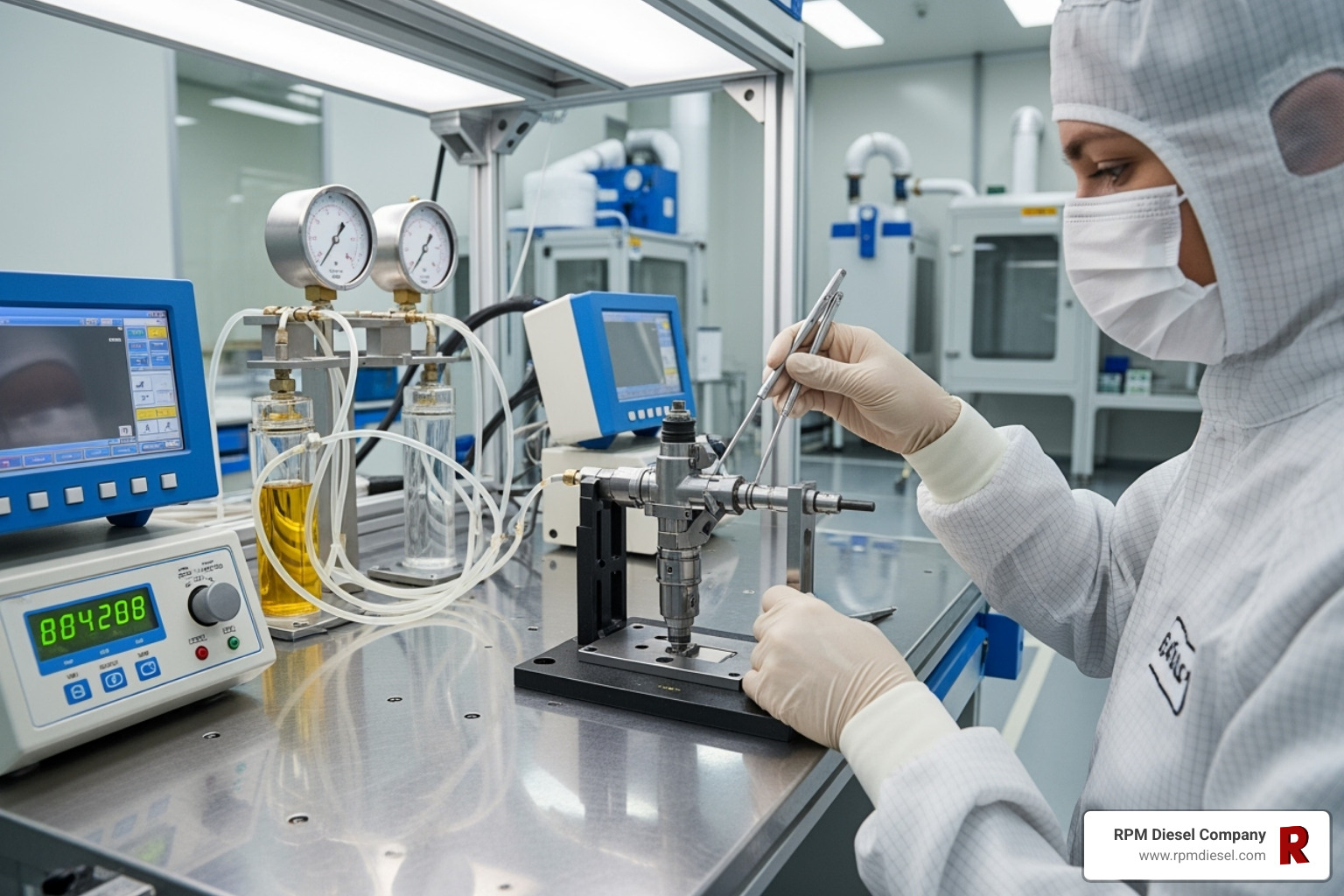 Technician working on an injector at a clean test bench - bosch piezo injector repair