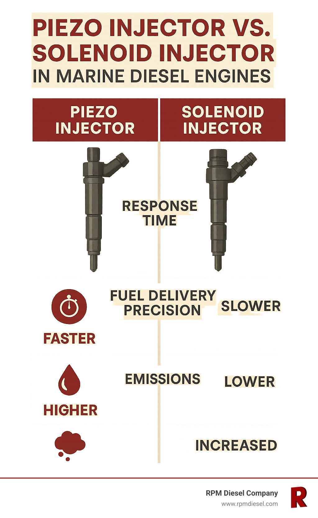 Detailed comparison infographic showing piezo injector vs solenoid injector operation in marine diesel engines, including response times, fuel delivery precision, and emissions benefits - bosch piezo injector repair infographic 