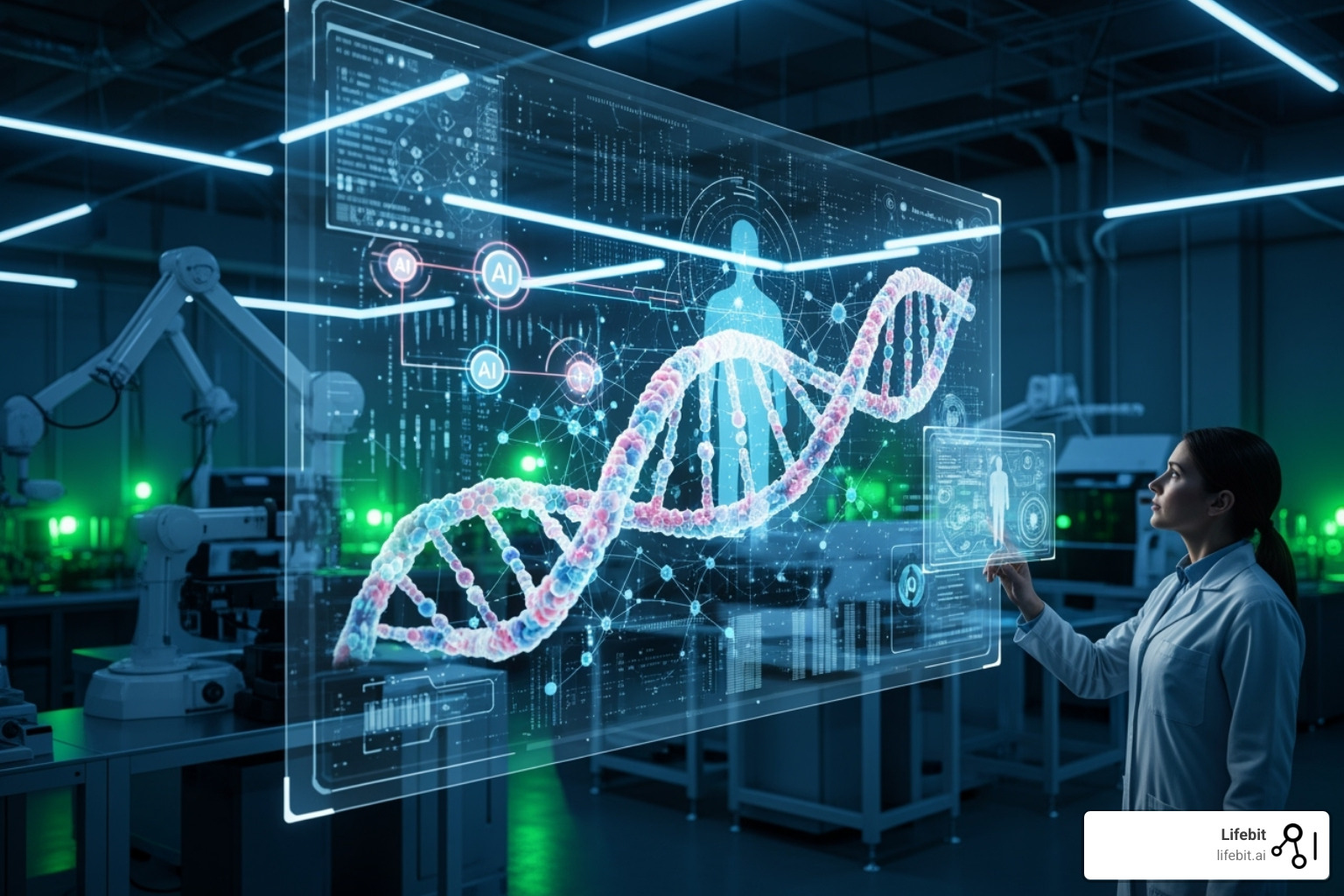 Image of a researcher interacting with a futuristic AI genomics analysis dashboard, displaying complex genomic data visualizations and AI model outputs. - Best AI for Genomics