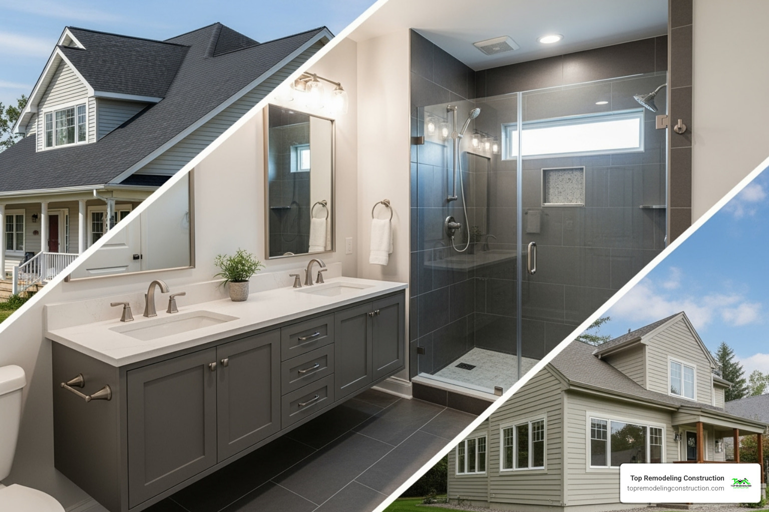 Image showcasing a variety of completed projects like a new roof, a remodeled bathroom, and a home addition Image showcasing a variety of completed projects like a new roof, a remodeled bathroom, and a home addition