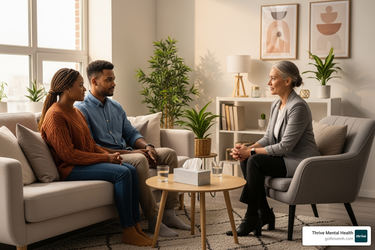 couple talking calmly with a therapist in a welcoming office - Couples therapy Florida