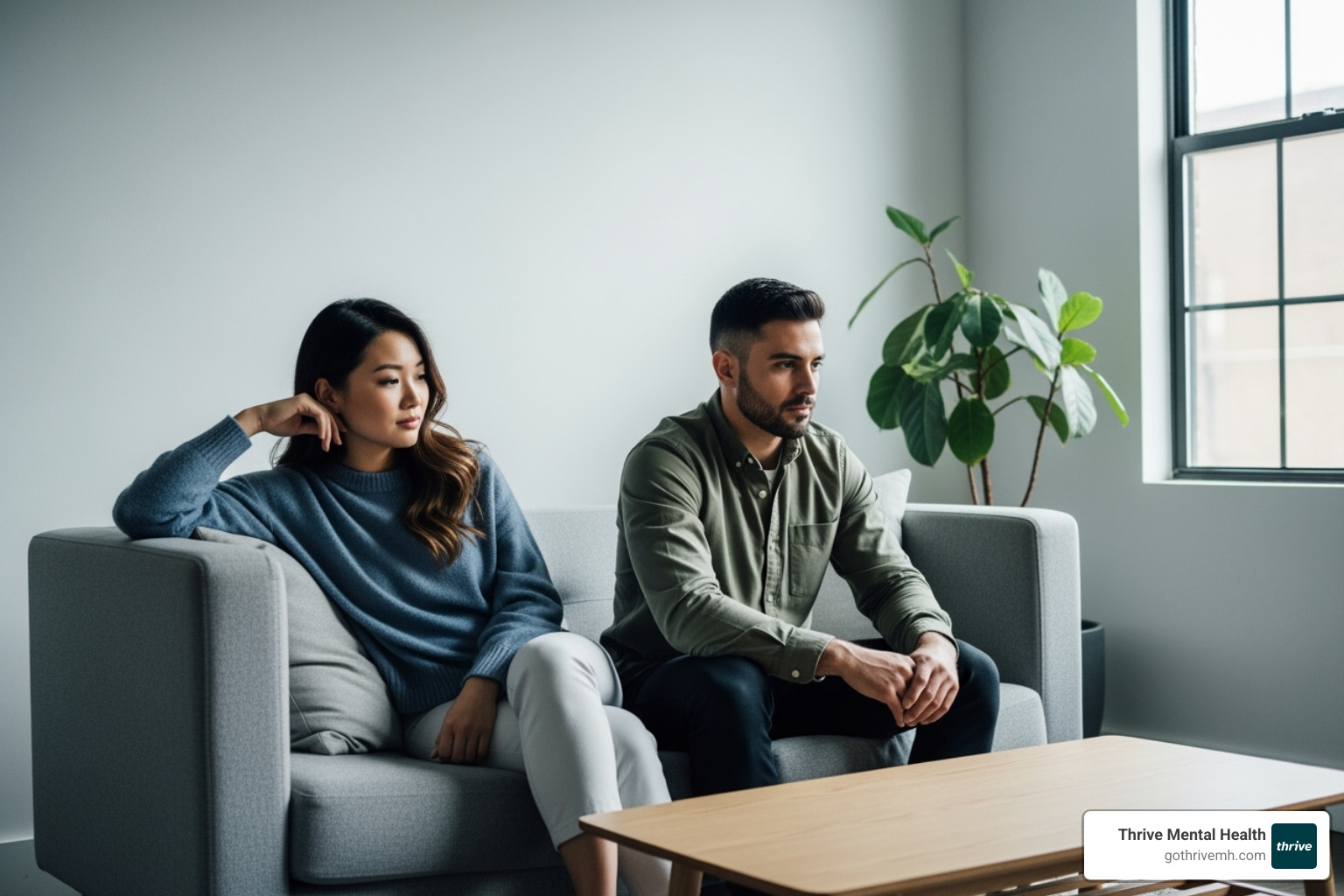 couple looking thoughtful and distant on a couch - Couples therapy Florida