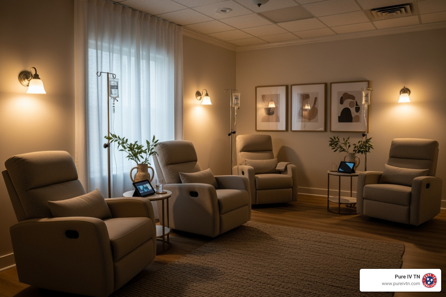 Serene IV therapy clinic room with comfortable recliners - iv clinic near me