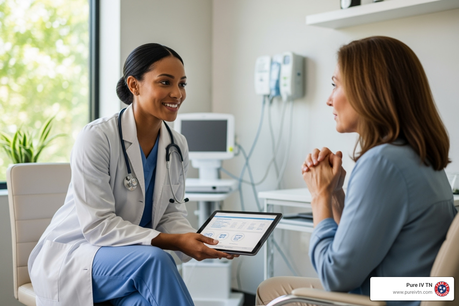 Friendly, professional nurse consulting with a client - iv clinic near me
