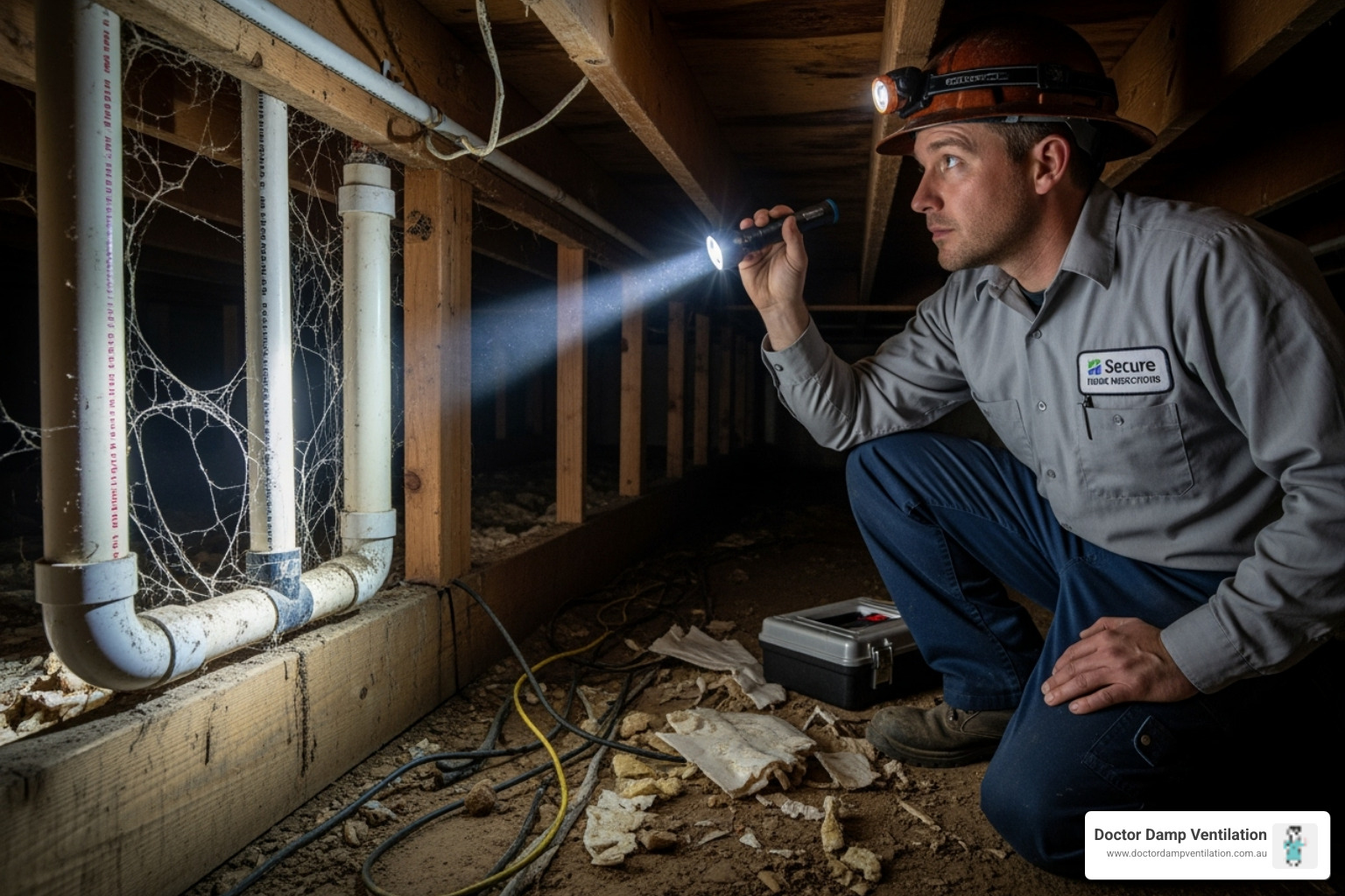 Professional technician inspecting a sub-floor area - gold coast home health