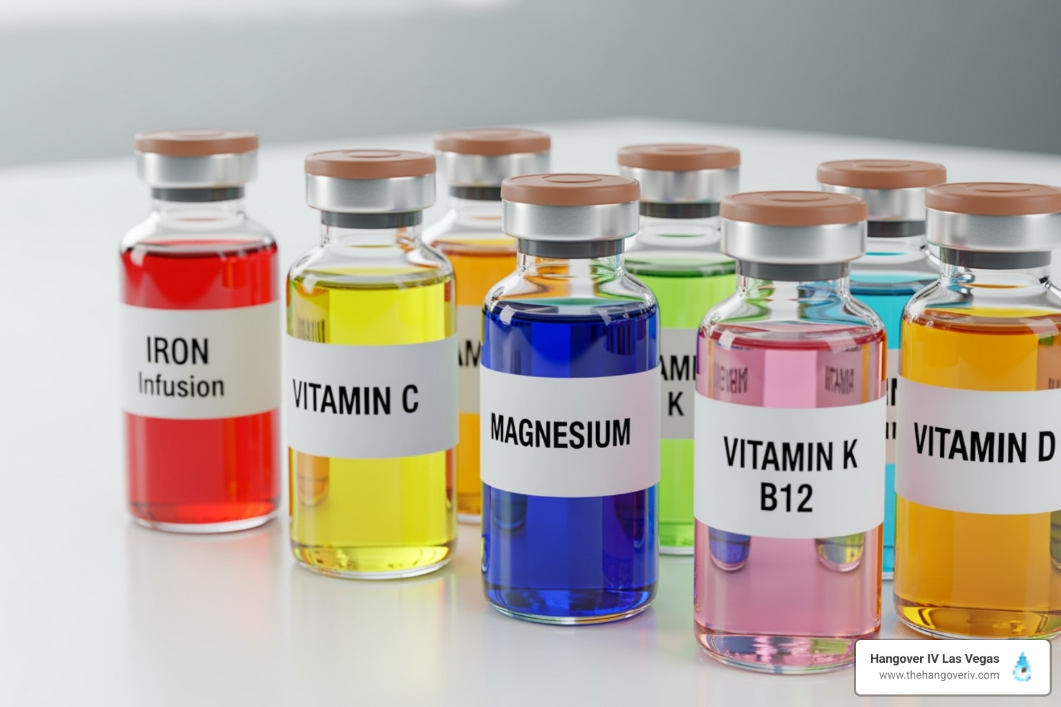 Image of various vitamins and minerals in vials, representing IV ingredients - iv therapy las vegas cost