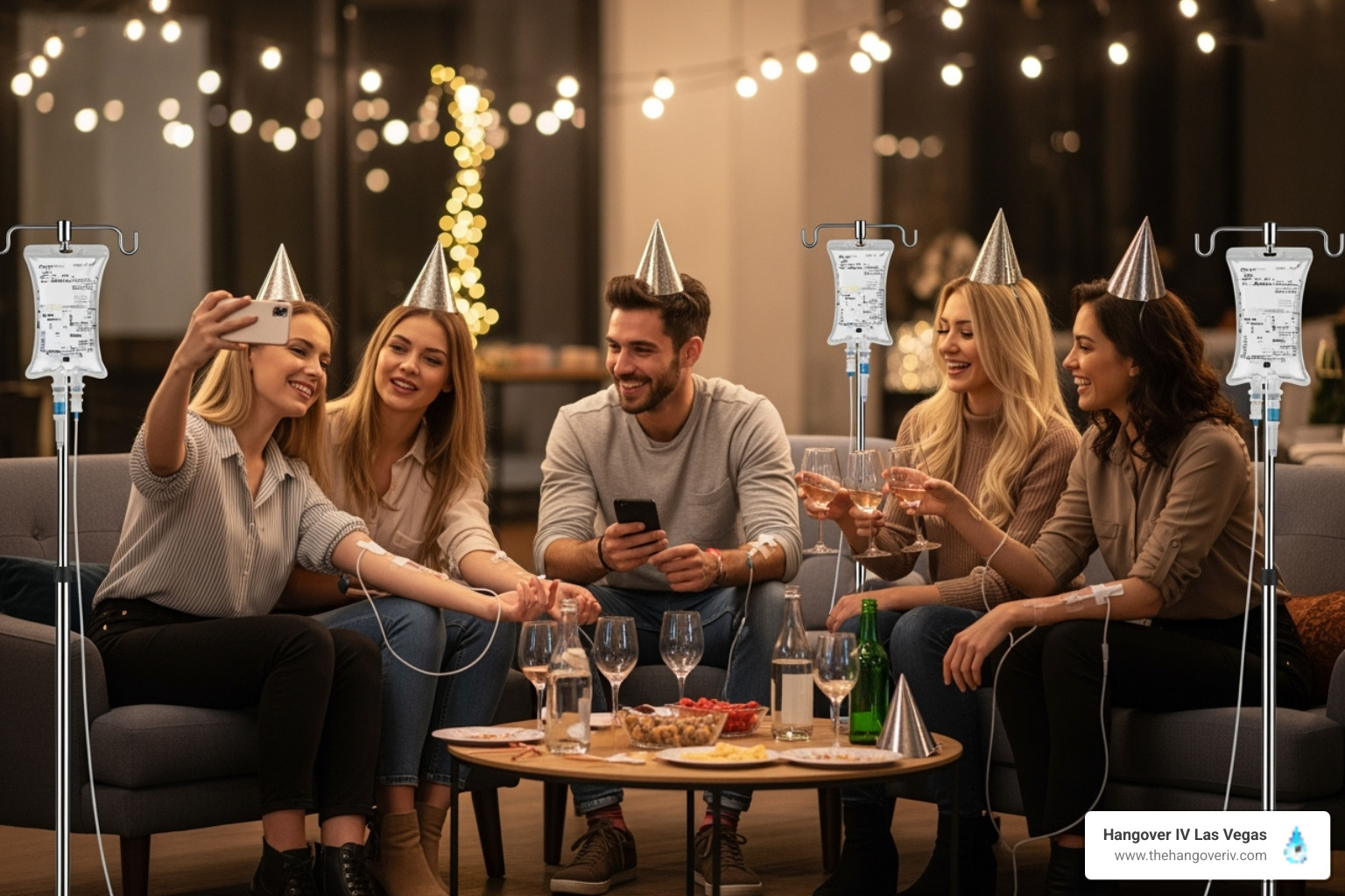 Image of a group of friends getting IV therapy together before a night out - iv therapy las vegas cost