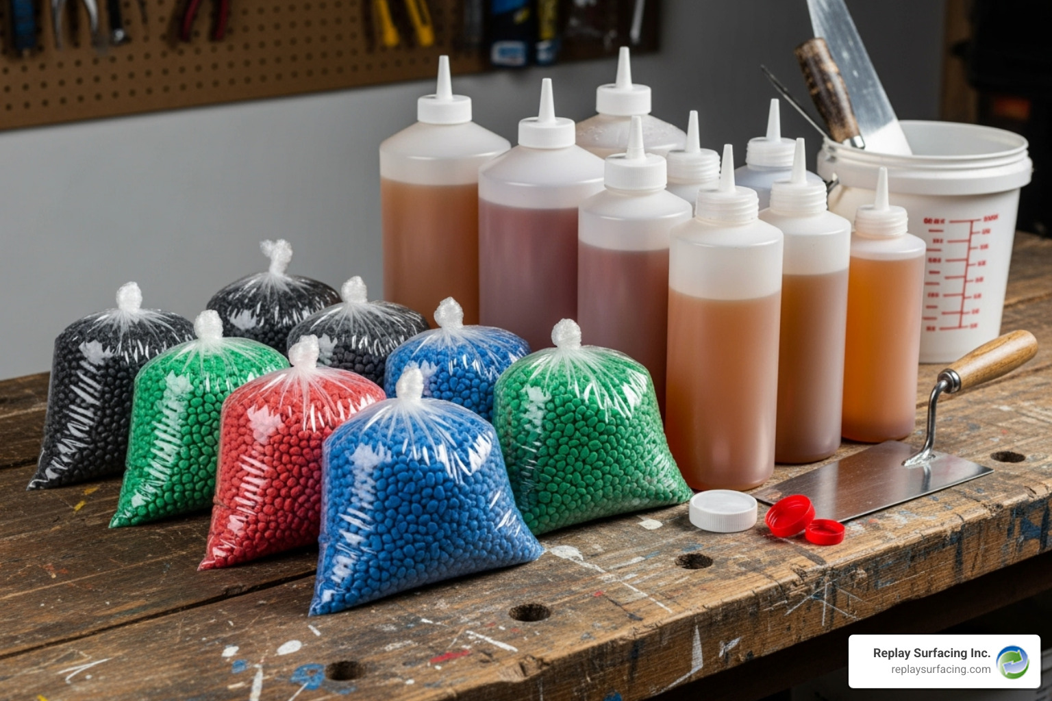 A DIY wet pour rubber kit with bags of granules and bottles of binder, ready for use