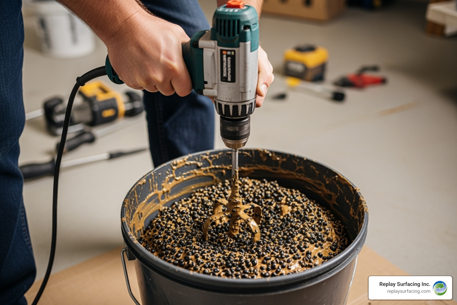 A person mixing rubber granules and binder in a bucket using a drill with a paddle mixer attachment
