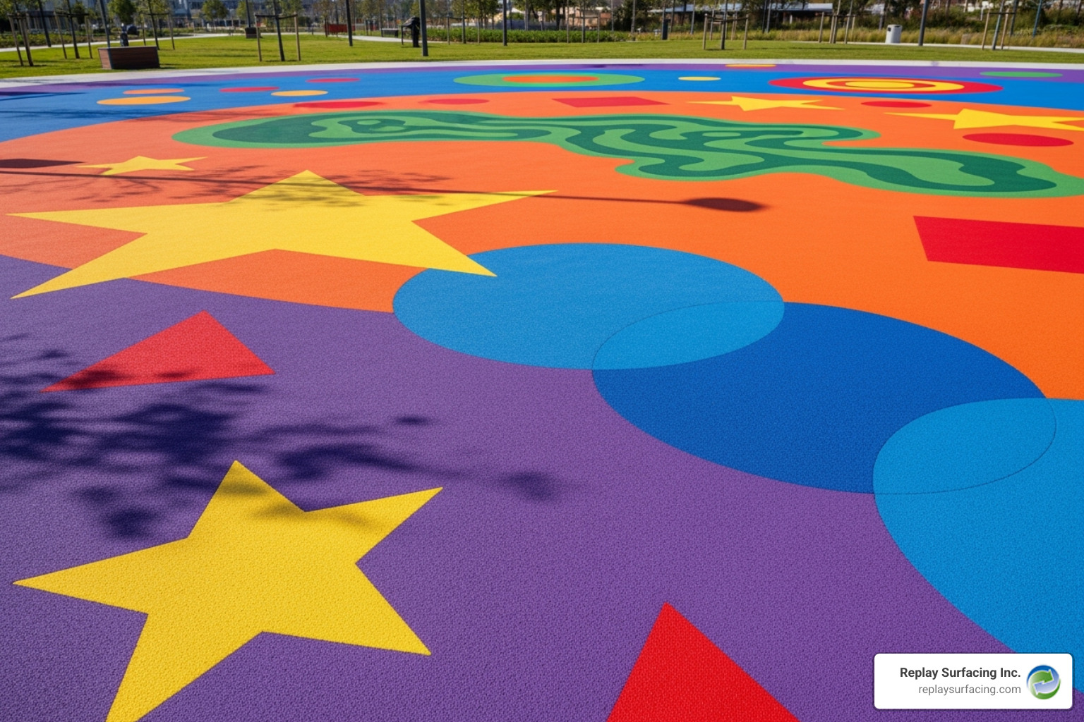 A creative, multi-colored wet pour rubber design with inlaid shapes, showcasing the versatility of the material