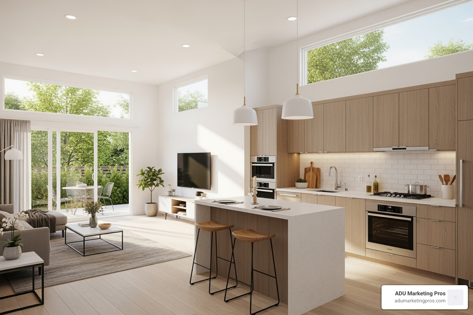 Stunning 3D rendering of an ADU interior, showing an open-concept living space with modern finishes and abundant natural light - ADU business marketing help