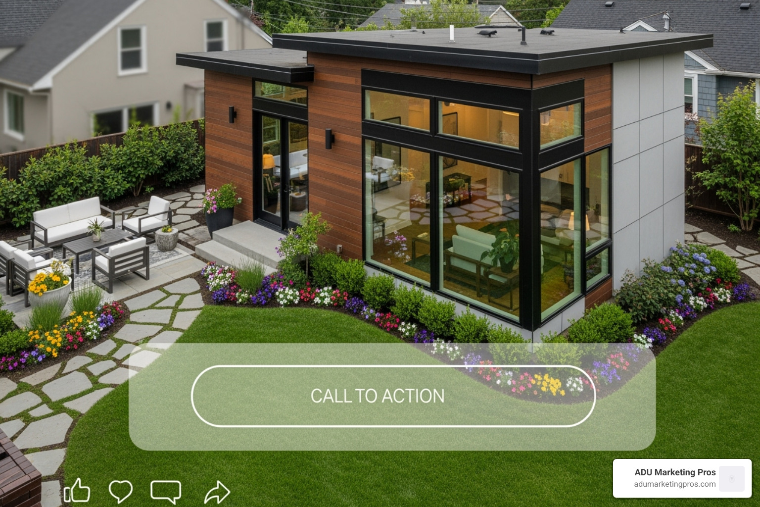 Sample Facebook Ad for an ADU builder, targeting homeowners in a specific zip code with compelling visuals of a modern backyard ADU and a clear call to action to "Get a Free Consultation" - ADU business marketing help