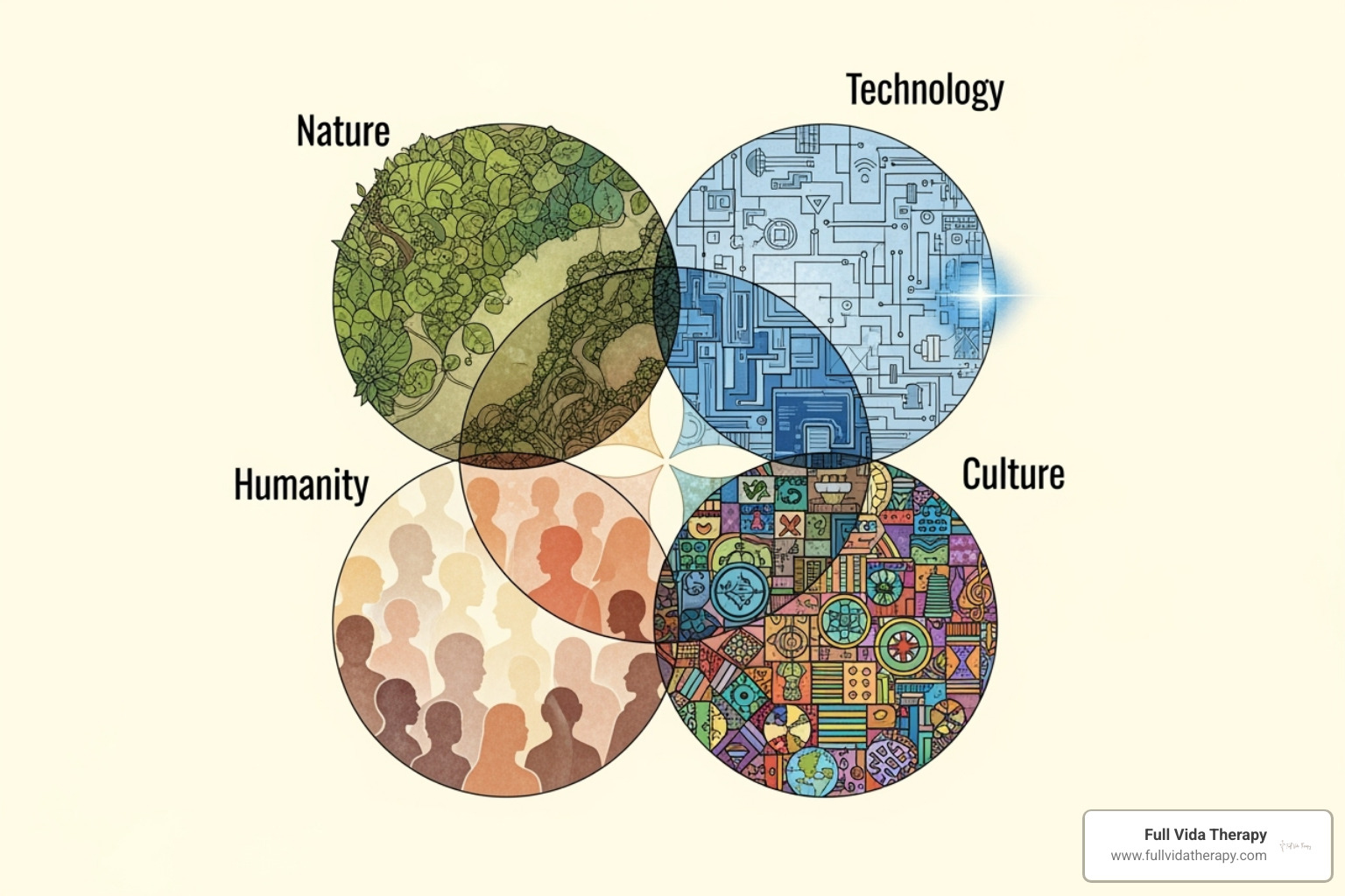 Four interconnected circles, each representing a DBT skill module - Dialectical Behavior Therapy