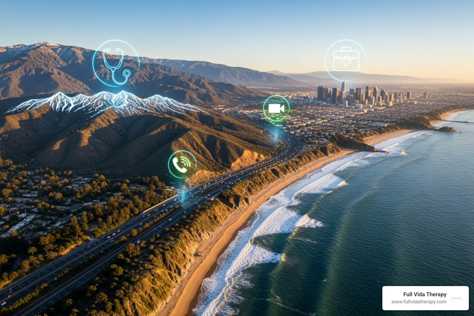diverse California landscape with telehealth icons - Online trauma therapist California