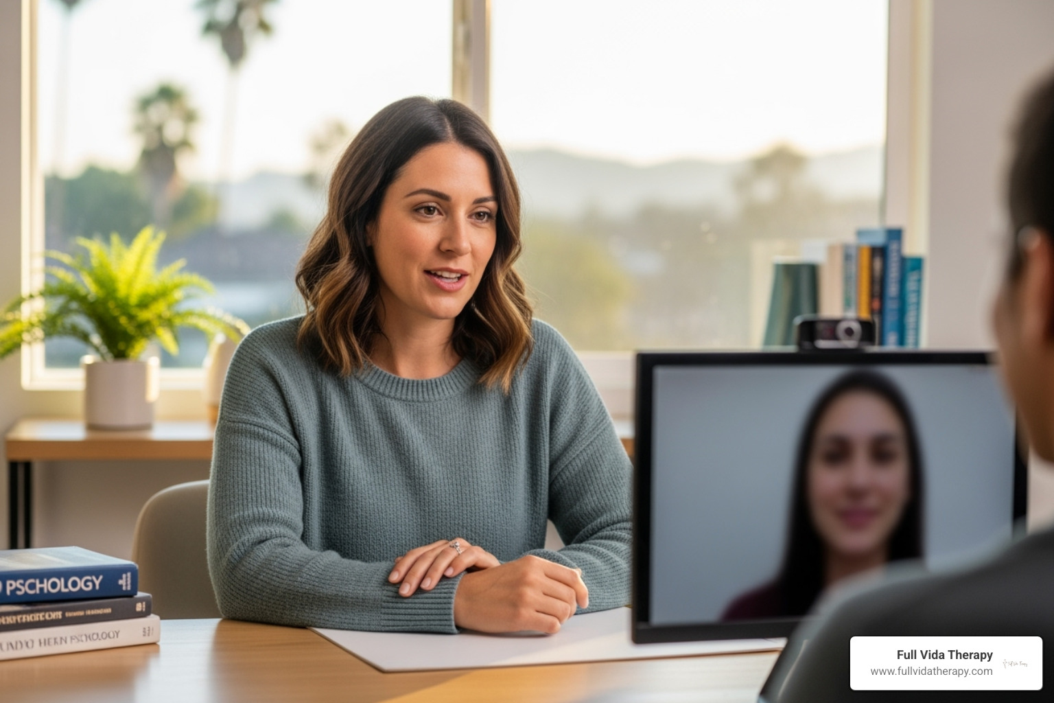 person reviewing therapist profile on laptop - Online trauma therapist California