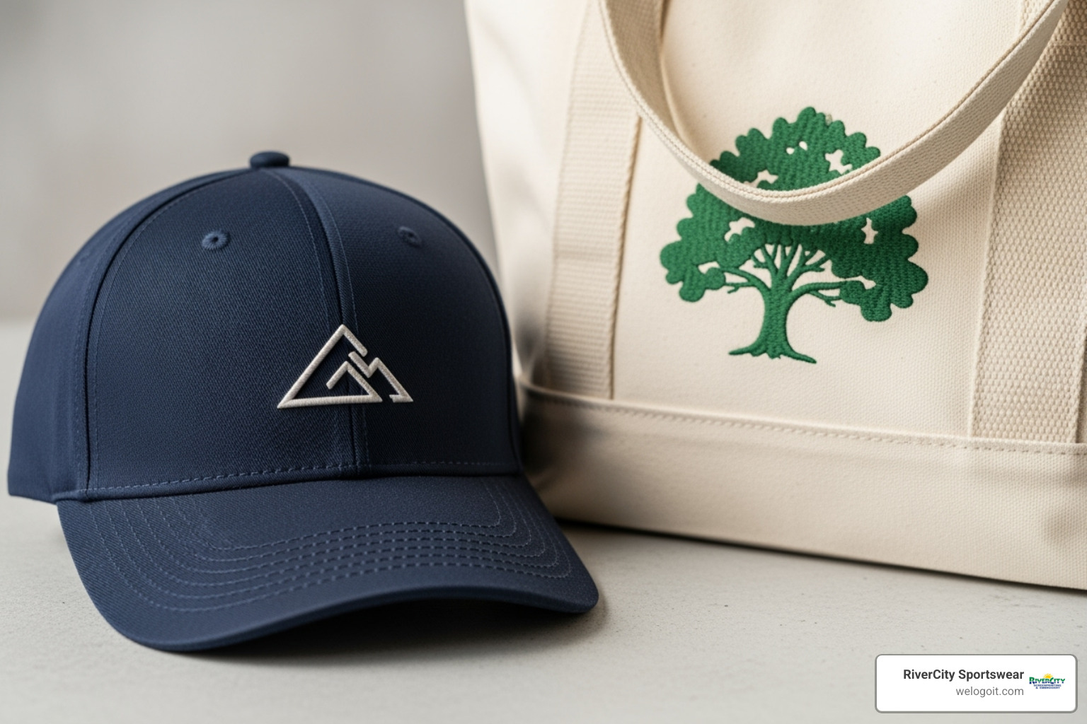 custom embroidered hat and a branded tote bag - custom embroidered business apparel
