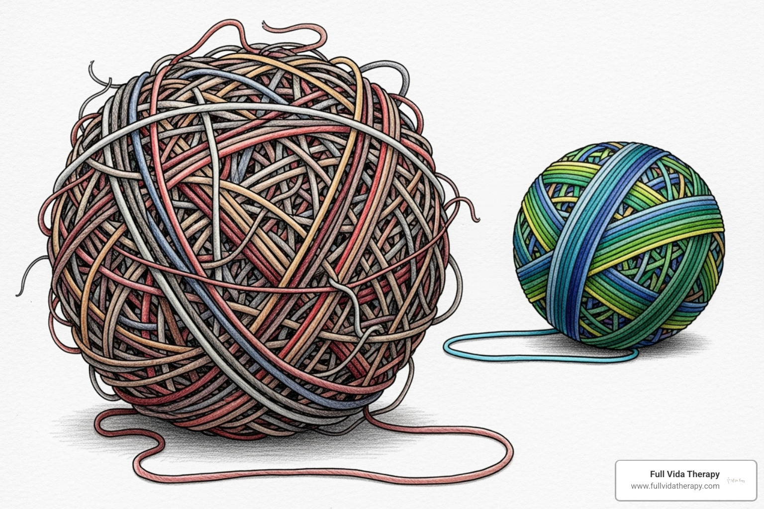 Illustration of a "stuck" memory as a tangled, chaotic ball of yarn contrasted with a processed memory as a neatly wound, organized ball - EMDR Therapy