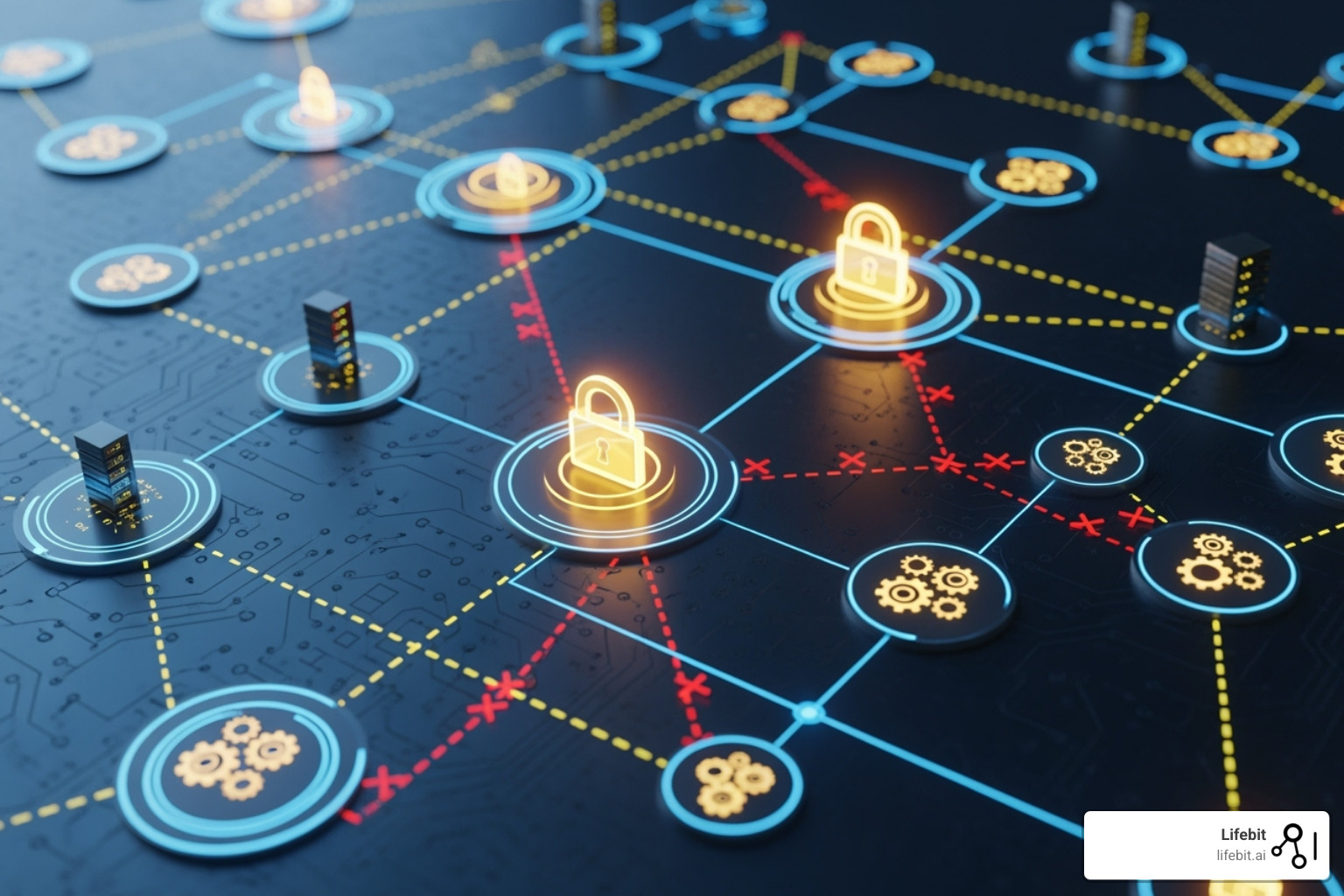 Image of a complex network diagram with locks on data nodes to represent security and interoperability challenges - hie health information exchange