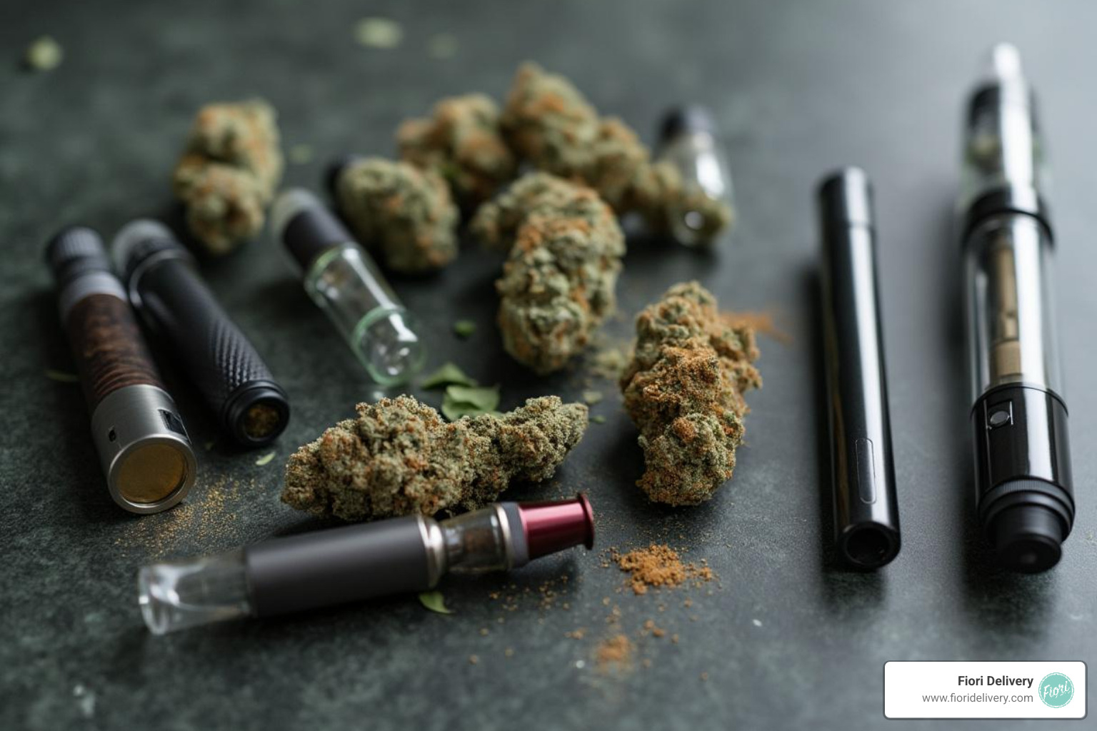 A curated selection of different vape cartridges and pens - Same day vape delivery