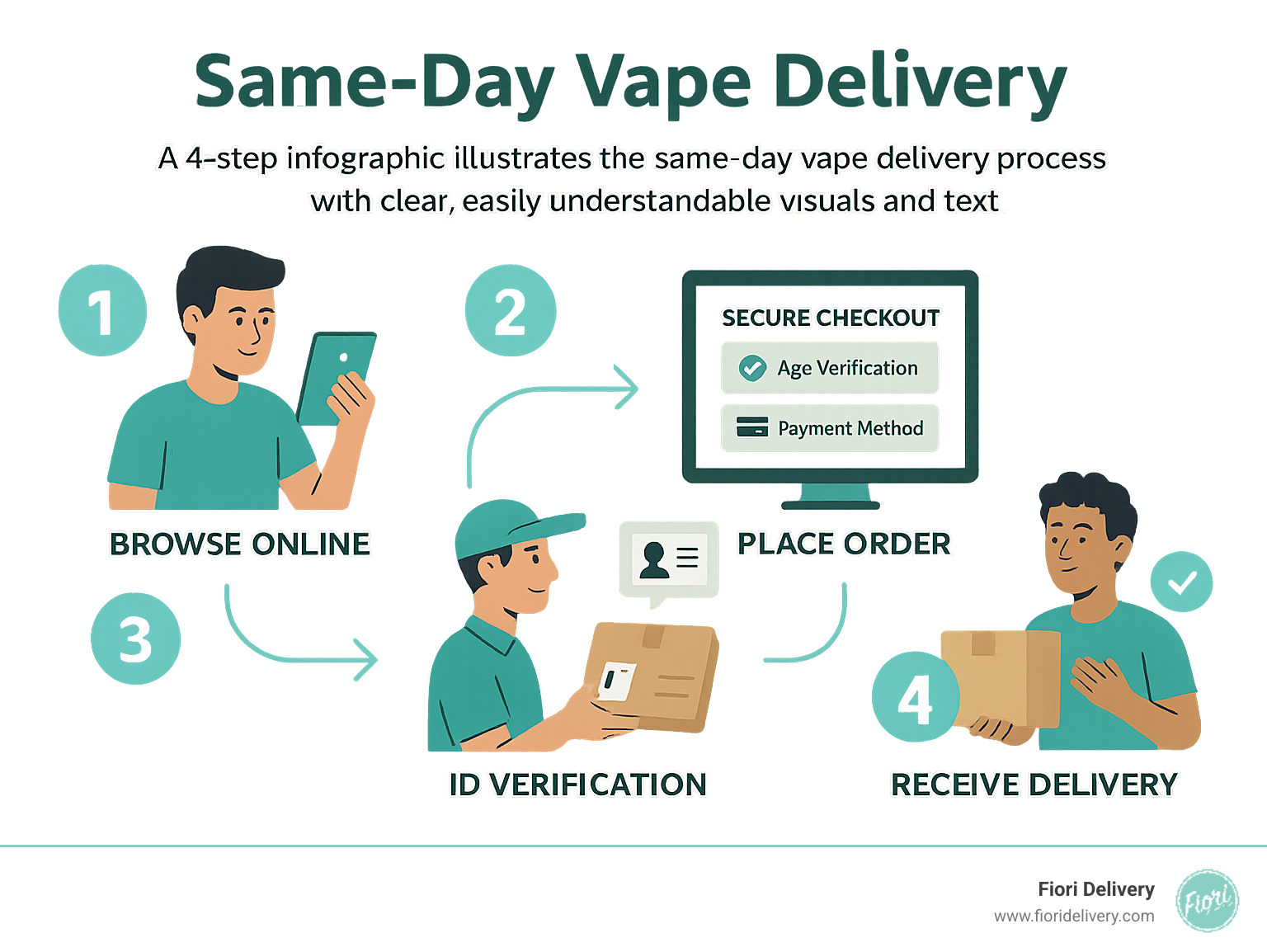 Detailed infographic showing the 4-step same-day vape delivery process: Step 1 shows a person browsing an online cannabis menu on their phone with product categories like vape cartridges and disposables, Step 2 displays a secure checkout screen with age verification and payment options, Step 3 illustrates ID verification with a driver checking customer identification at the door, Step 4 shows a satisfied customer receiving their discreet package with tracking confirmation - Same day vape delivery infographic 