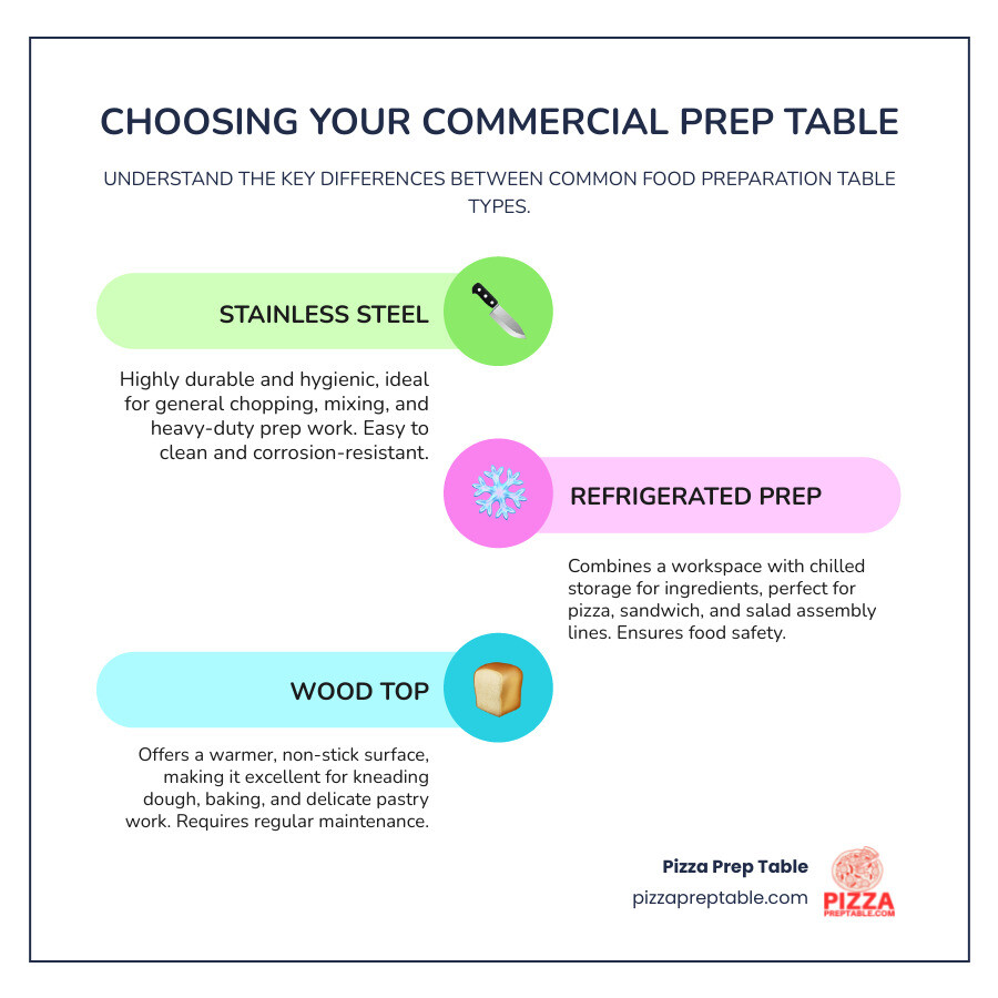 Comparison chart showing stainless steel prep tables with flat tops and undershelves, refrigerated prep tables with ingredient pans and cutting boards, and wood top prep tables with flour bins and dough prep accessories - food preparation table infographic infographic-line-3-steps-colors Comparison chart showing stainless steel prep tables with flat tops and undershelves, refrigerated prep tables with ingredient pans and cutting boards, and wood top prep tables with flour bins and dough prep accessories - food preparation table infographic infographic-line-3-steps-colors
