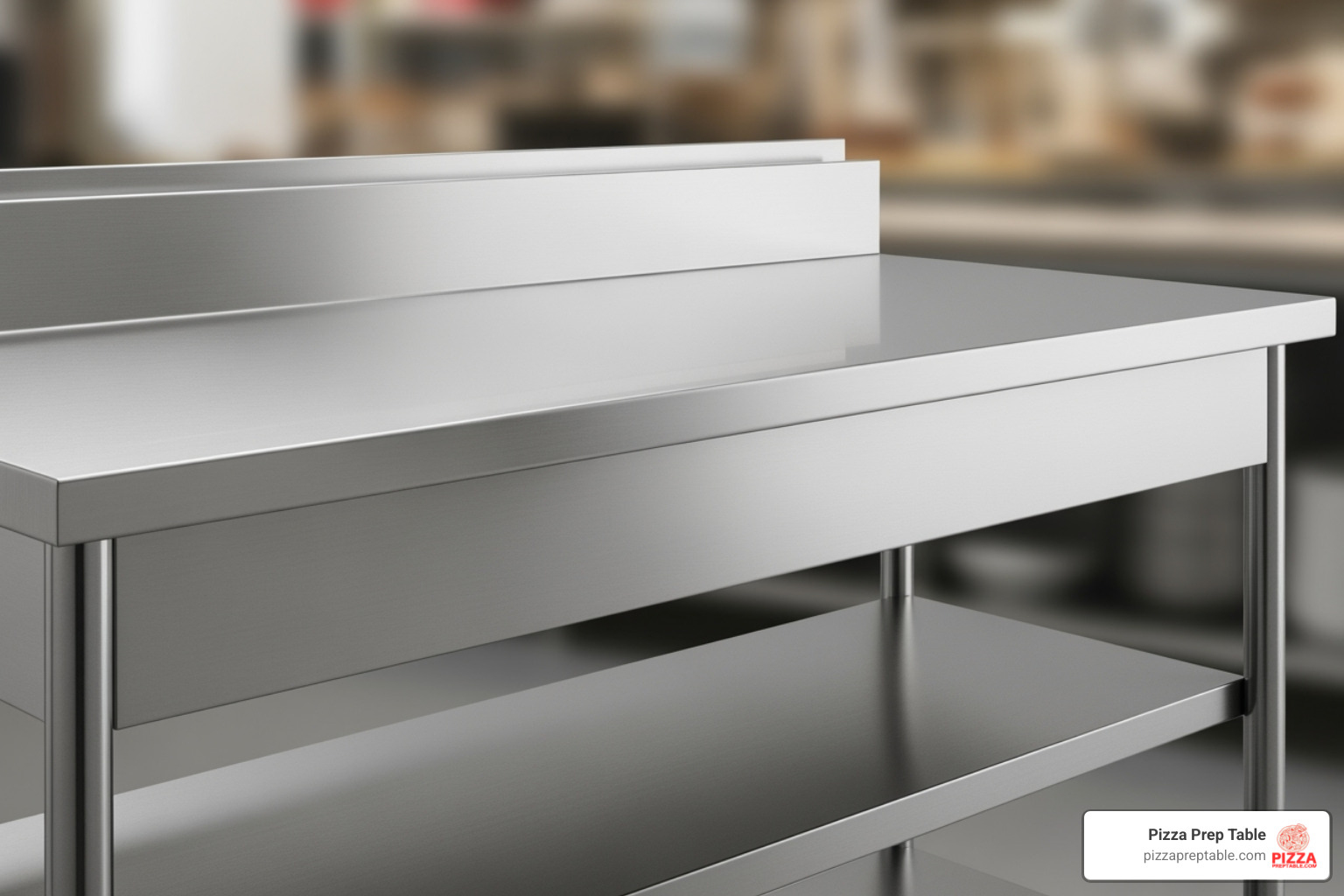 close-up on a stainless steel prep table showing the backsplash and undershelf - food preparation table close-up on a stainless steel prep table showing the backsplash and undershelf - food preparation table