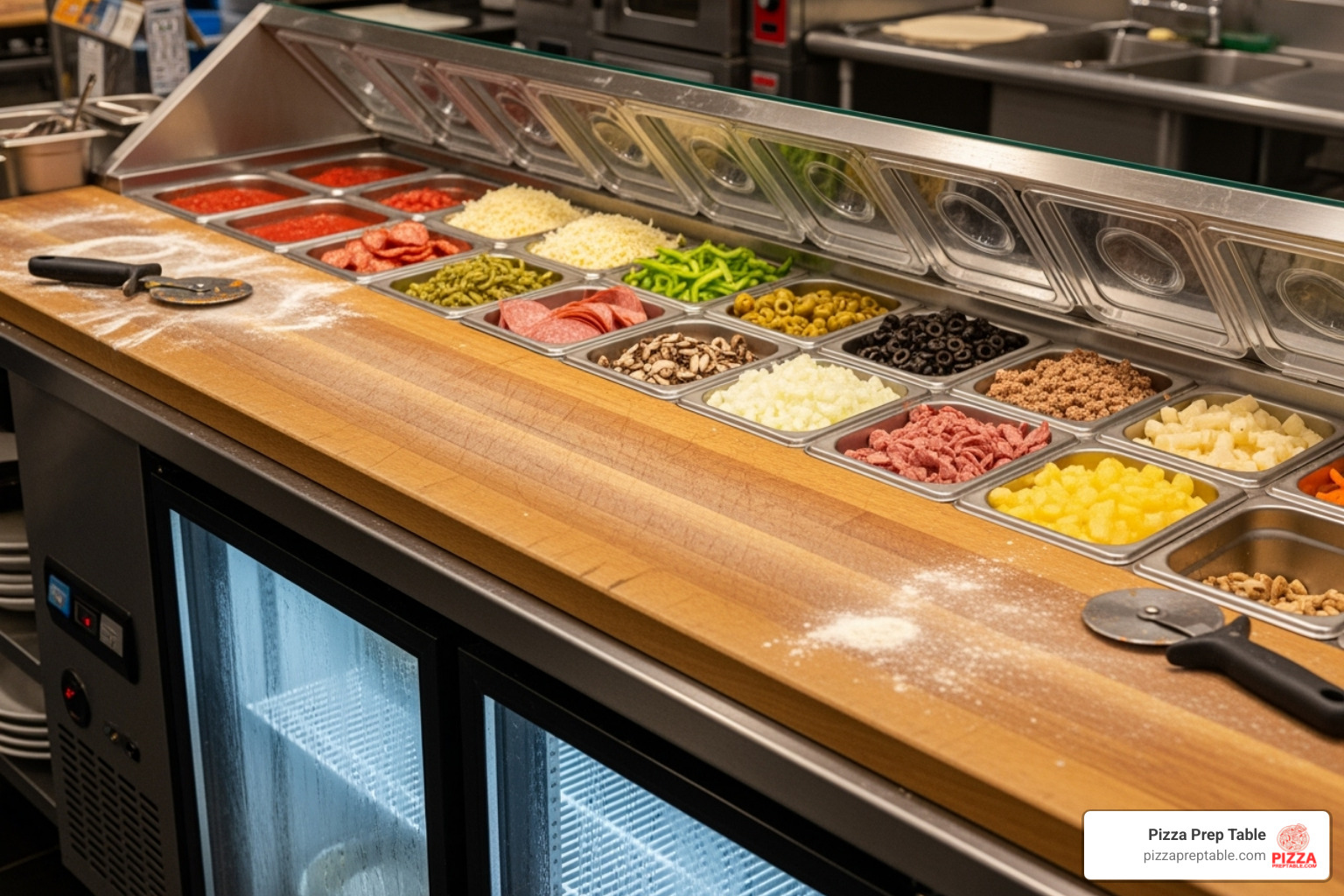 refrigerated pizza prep table with ingredient pans and a wide cutting board - food preparation table refrigerated pizza prep table with ingredient pans and a wide cutting board - food preparation table
