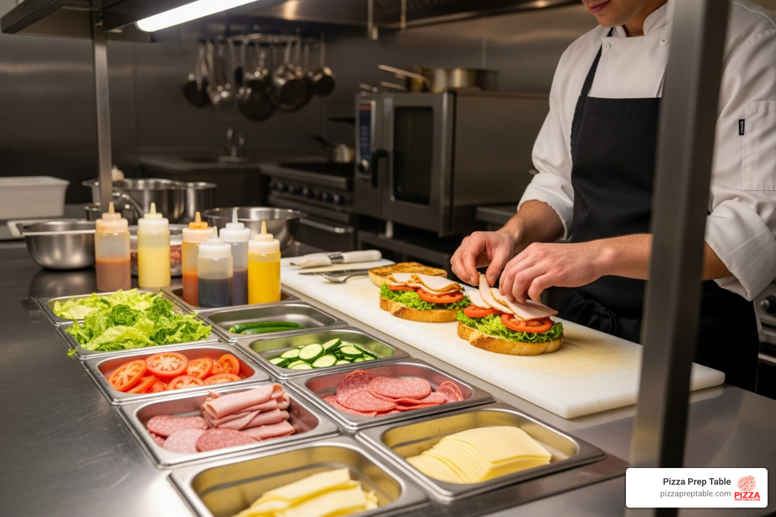 chef assembling a sandwich on a refrigerated prep table - food preparation table chef assembling a sandwich on a refrigerated prep table - food preparation table
