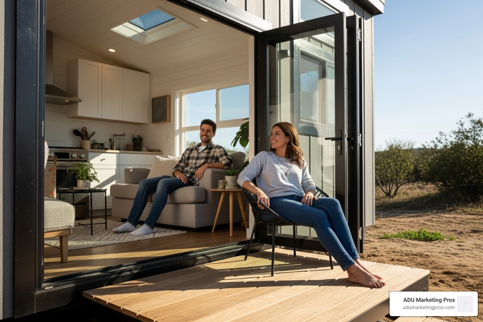 Couple enjoying indoor-outdoor living in a tiny home - architects in southern california who design tiny houses