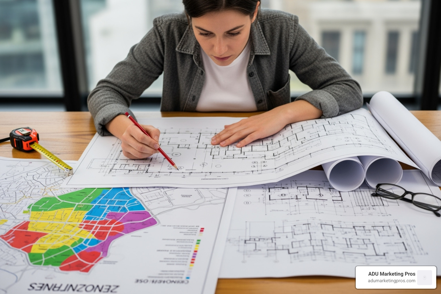 Person reviewing architectural plans with a city zoning map - architects in southern california who design tiny houses
